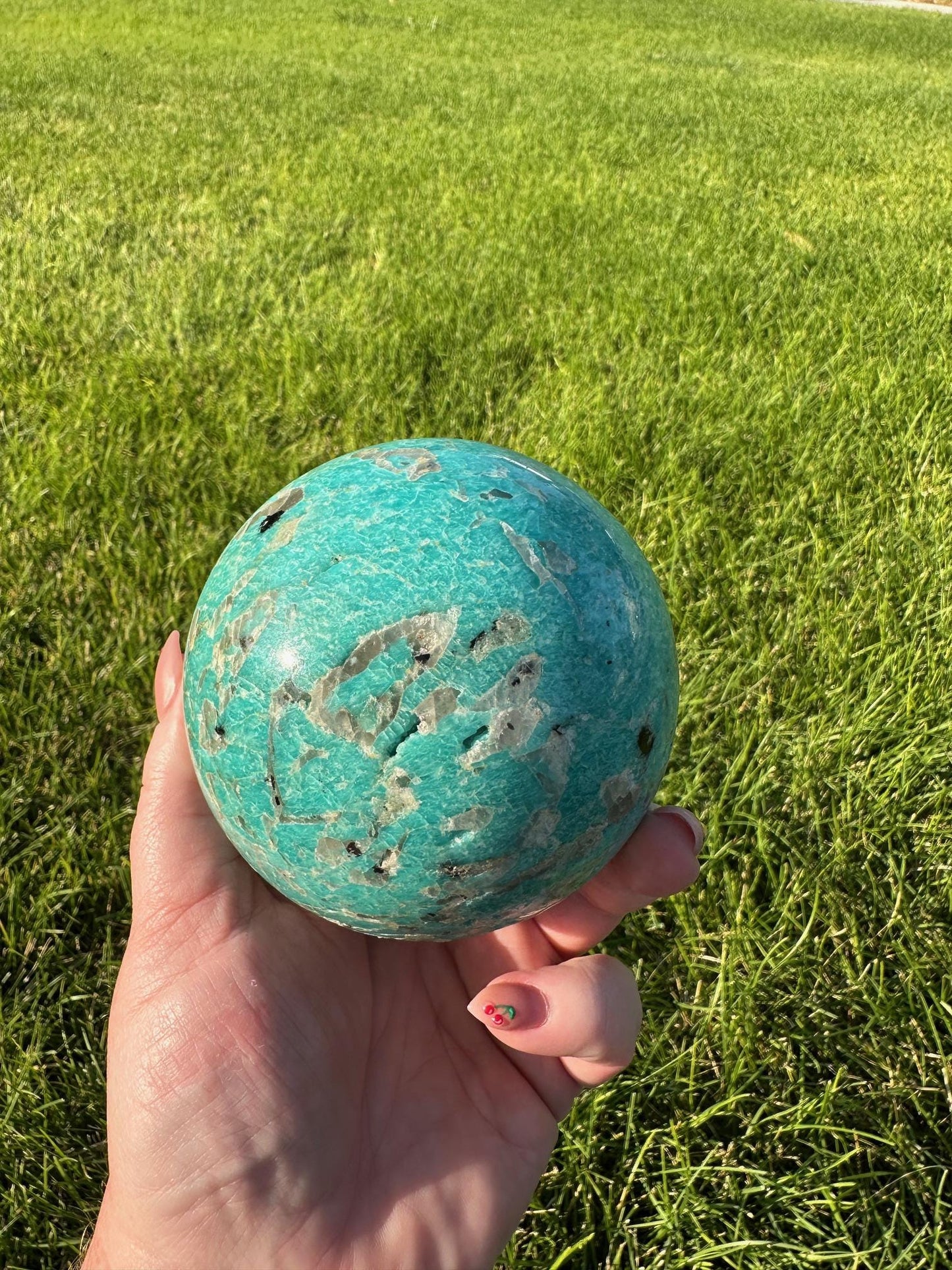 Graphic Amazonite Sphere - 3.4 Inch Diameter, 2lb 8oz Smokey Quartz in Amazonite