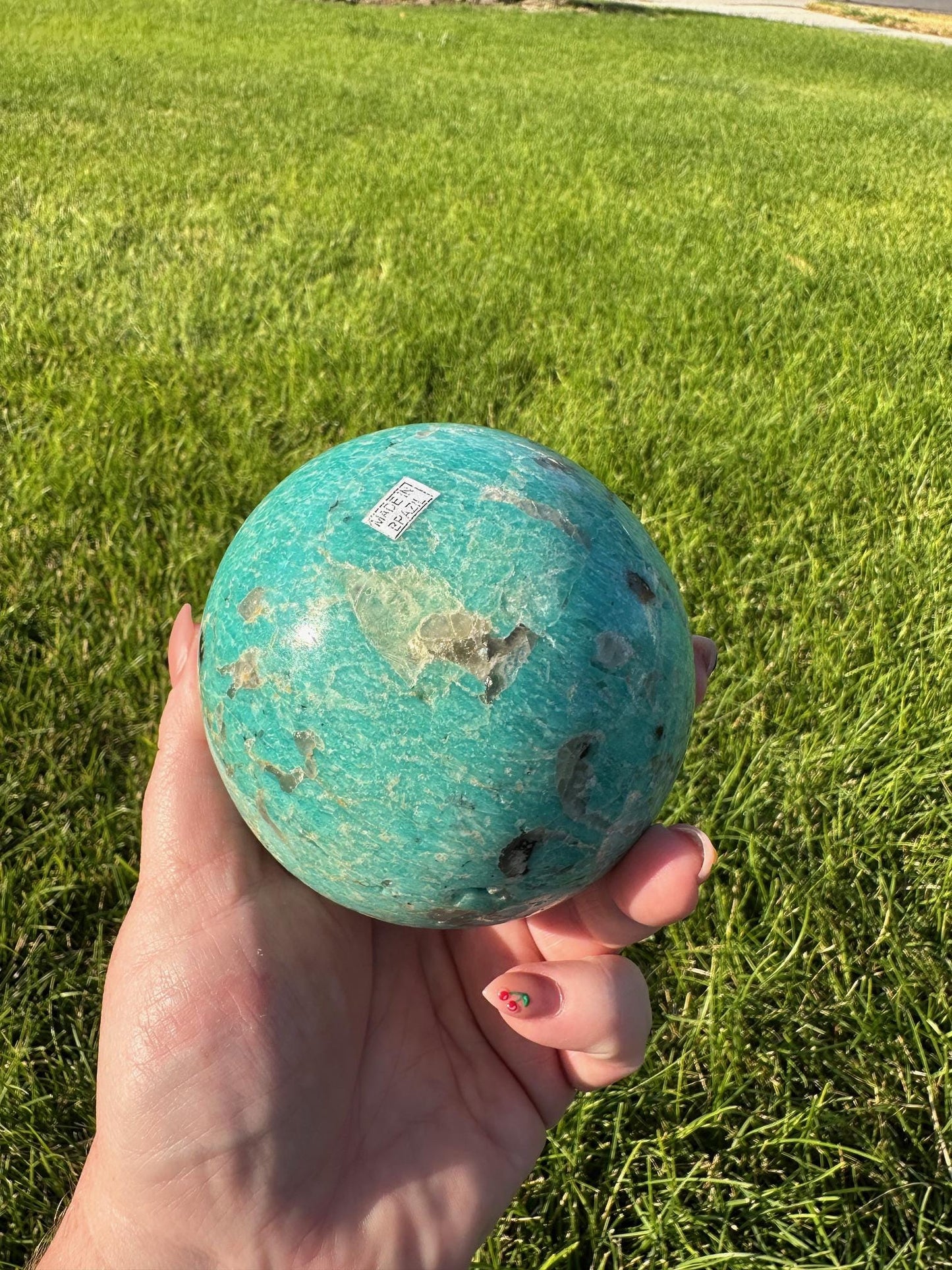 Graphic Amazonite Sphere - 3.4 Inch Diameter, 2lb 8oz Smokey Quartz in Amazonite