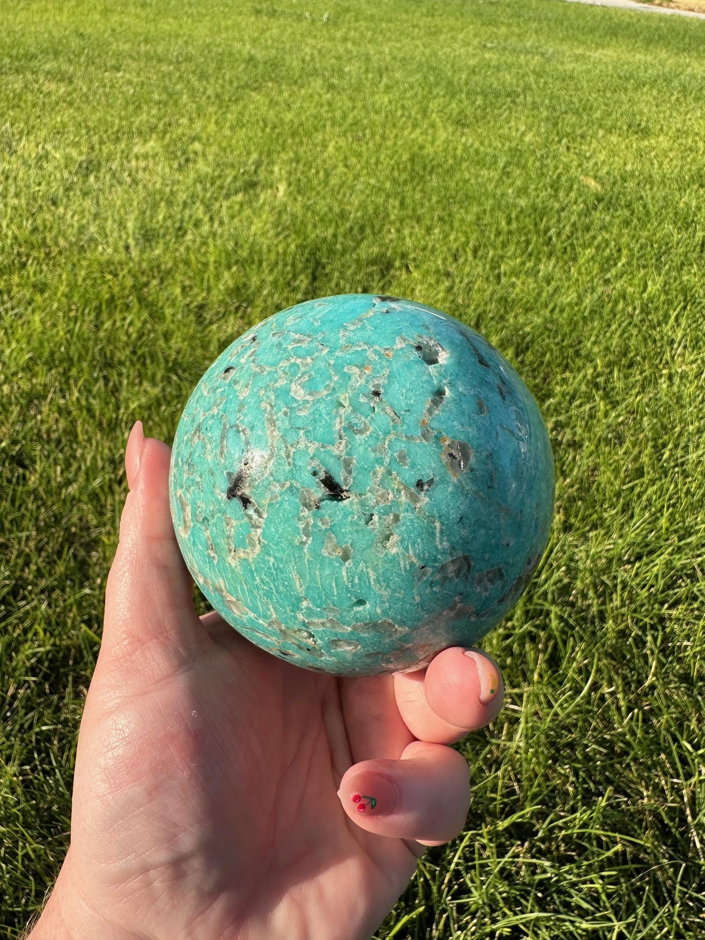 Graphic Amazonite Sphere - 3.4 Inch Diameter, 2lb 8oz Smokey Quartz in Amazonite