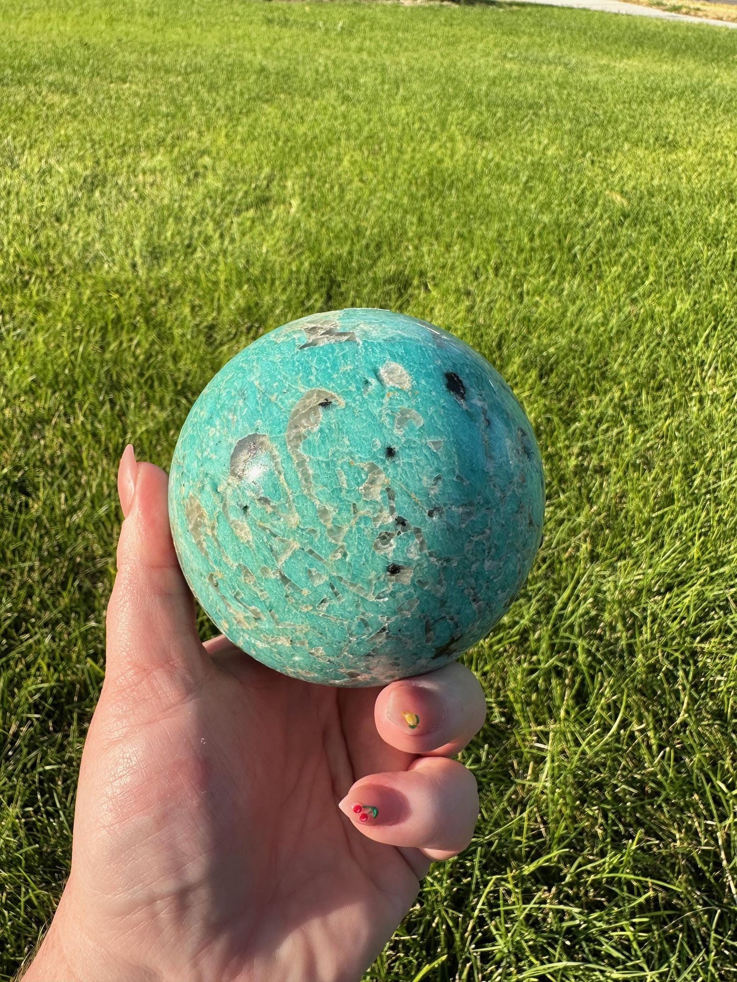 Graphic Amazonite Sphere - 3.4 Inch Diameter, 2lb 8oz Smokey Quartz in Amazonite