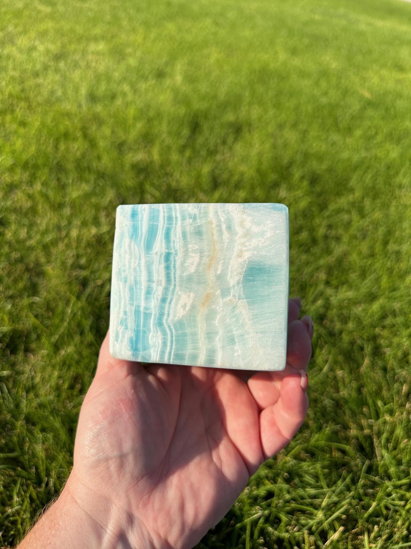 Caribbean Blue Calcite Cube - 3.5 Inches, 3lbs 6oz