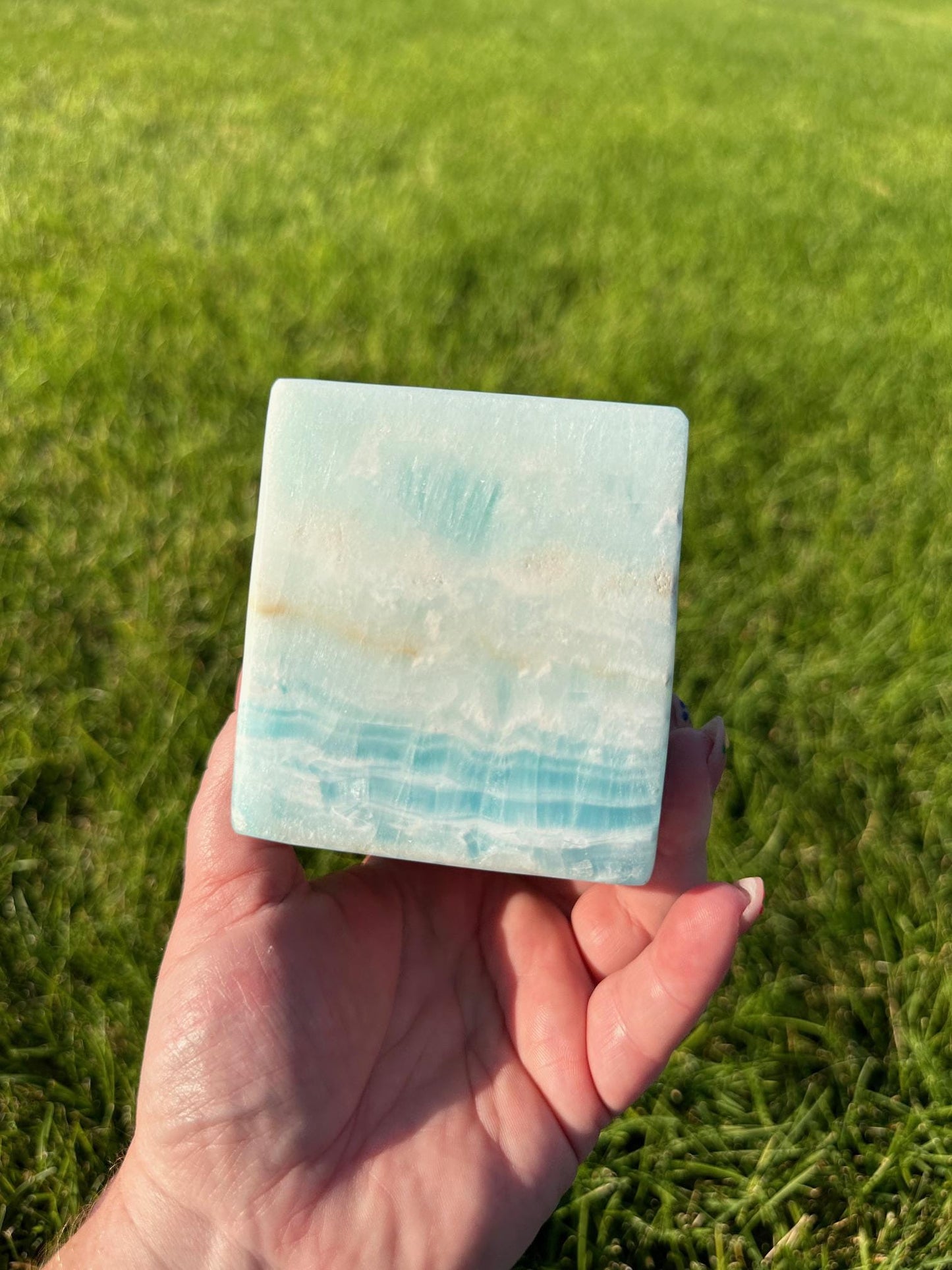 Caribbean Blue Calcite Cube - 3.5 Inches, 3lbs 6oz