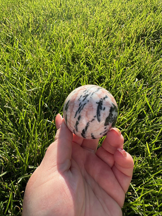 Pink Zebra Jasper Sphere – 1.9" Diameter, 9 oz – Grounding, Balance, and Compassion Crystal