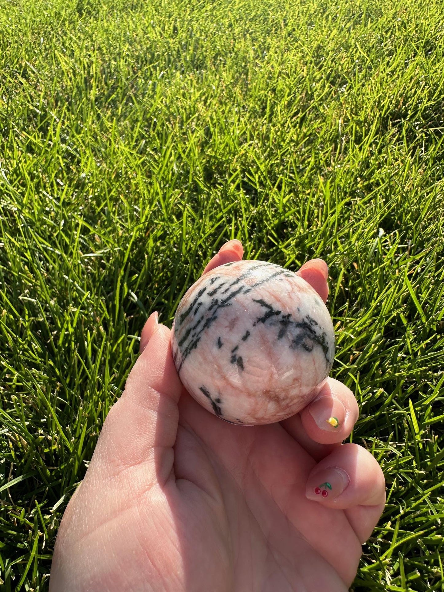 Pink Zebra Jasper Sphere – 1.9" Diameter, 9 oz – Grounding, Balance, and Compassion Crystal