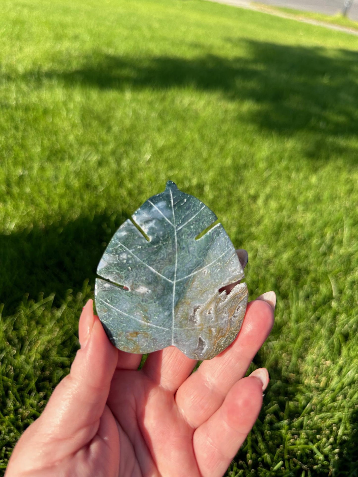 Moss Agate Leaf Crystal – 2.7" – Growth, Grounding, and Healing Stone