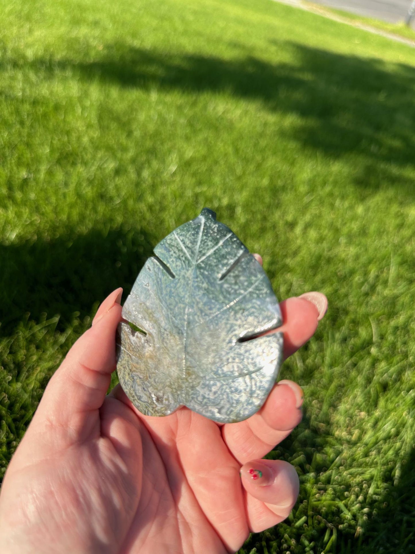 Moss Agate Leaf Crystal – 2.7" – Growth, Grounding, and Healing Stone