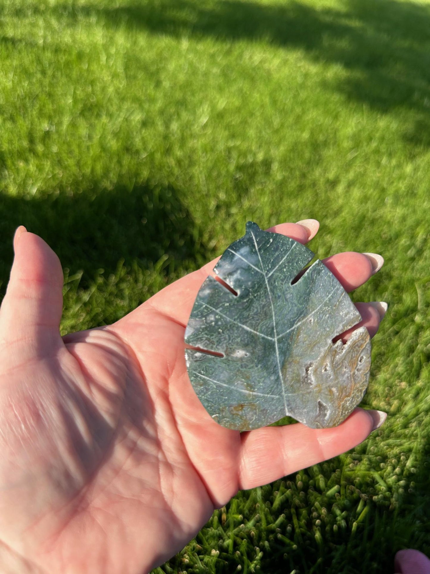 Moss Agate Leaf Crystal – 2.7" – Growth, Grounding, and Healing Stone