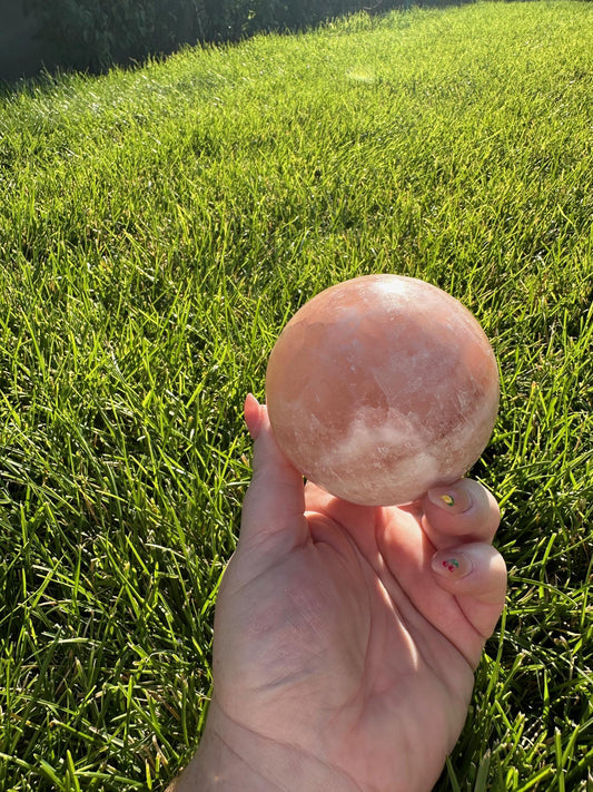 Rose Calcite Sphere – 2.8" Diameter, 1 lb 7 oz – Emotional Healing, Love, and Compassion Crystal