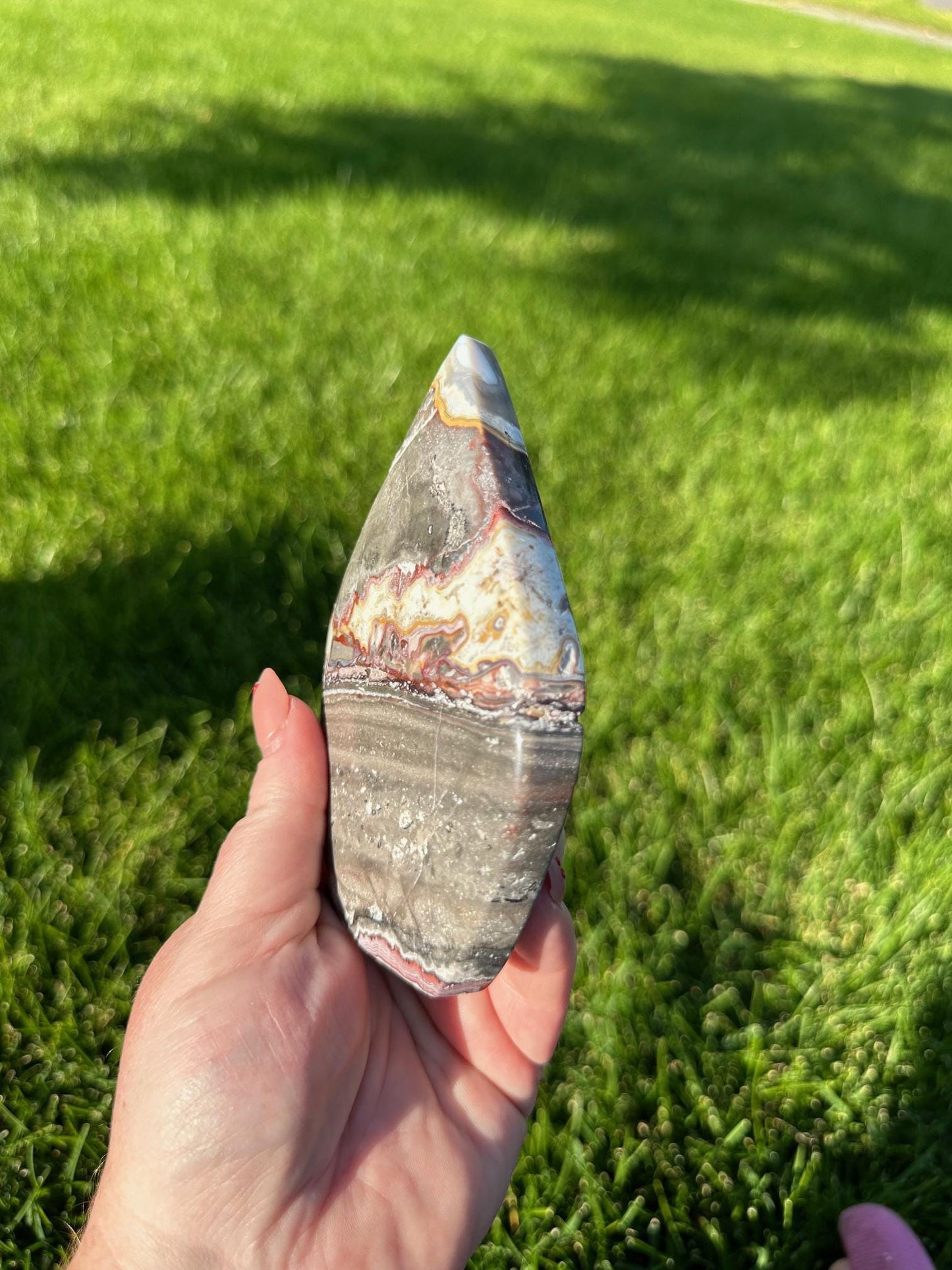 Crazy Lace Agate Freeform – 5" Tall, 14 oz – Joy, Balance, and Protection Stone from Mexico