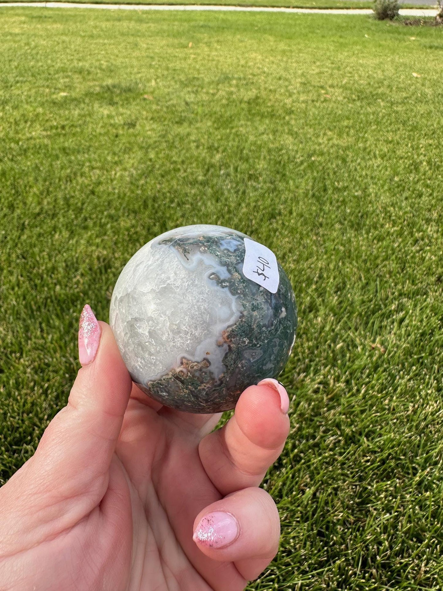 Druzy Moss Agate Sphere – 2.2 Inch Diameter, 14 oz – Earthy Healing Crystal