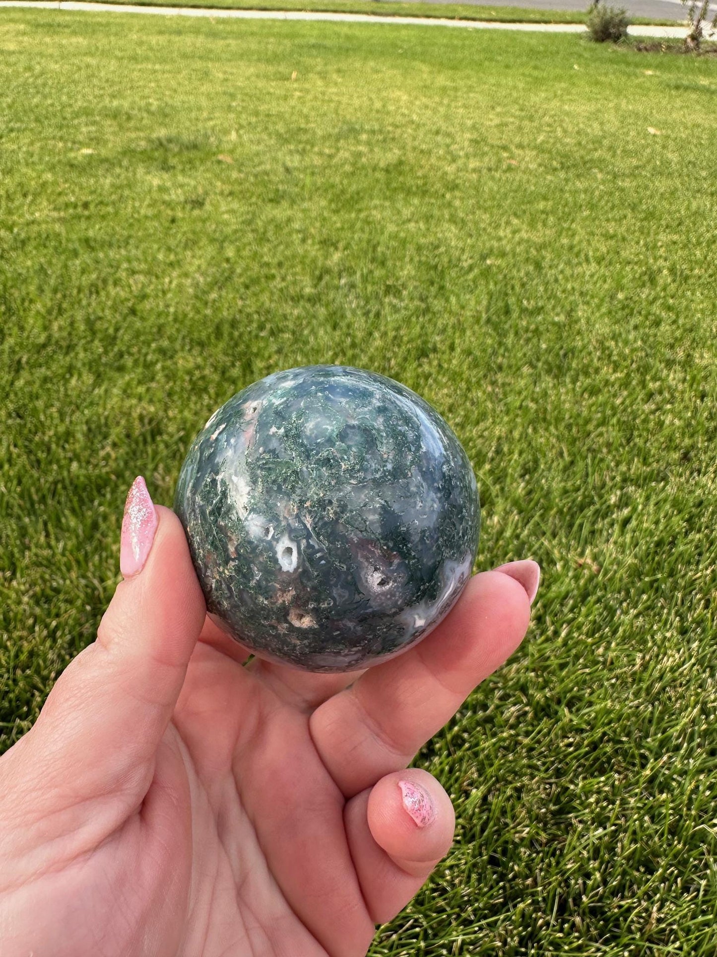 Druzy Moss Agate Sphere – 2.2 Inch Diameter, 14 oz – Earthy Healing Crystal