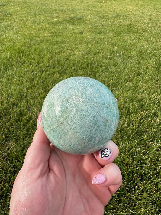 Amazonite Sphere – 2.6 Inches in Diameter, 1 lb 4 oz – Calming and Balancing Crystal