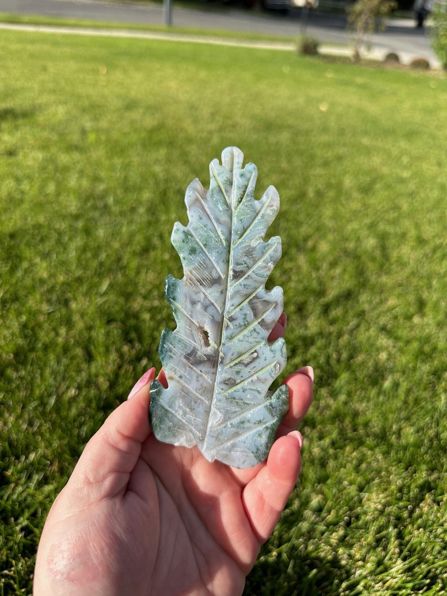 Enchanting 5.5" Moss Agate Leaf Carving - Nature-Inspired Beauty & Grounding Energy