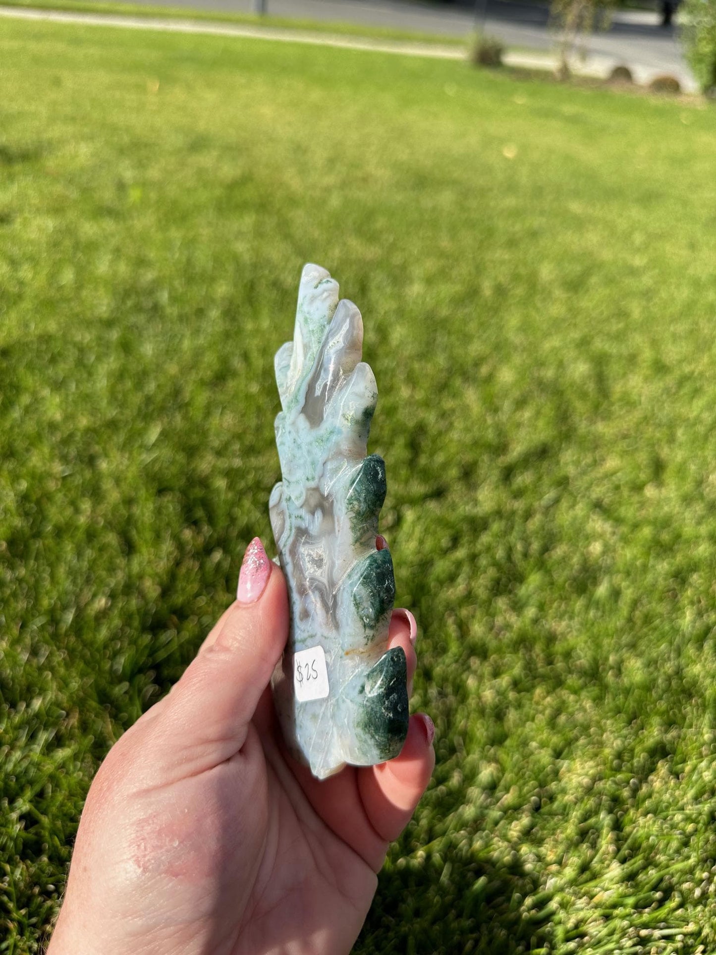 Enchanting 5.5" Moss Agate Leaf Carving - Nature-Inspired Beauty & Grounding Energy