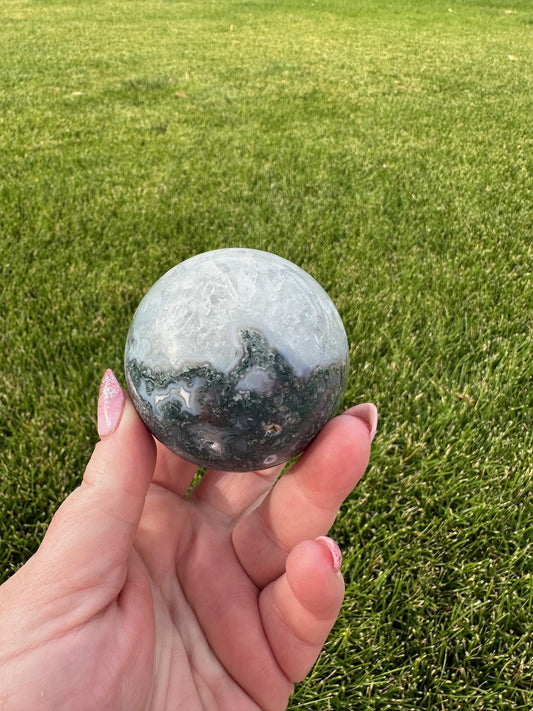 Druzy Moss Agate Sphere – 2.2 Inch Diameter, 14 oz – Earthy Healing Crystal