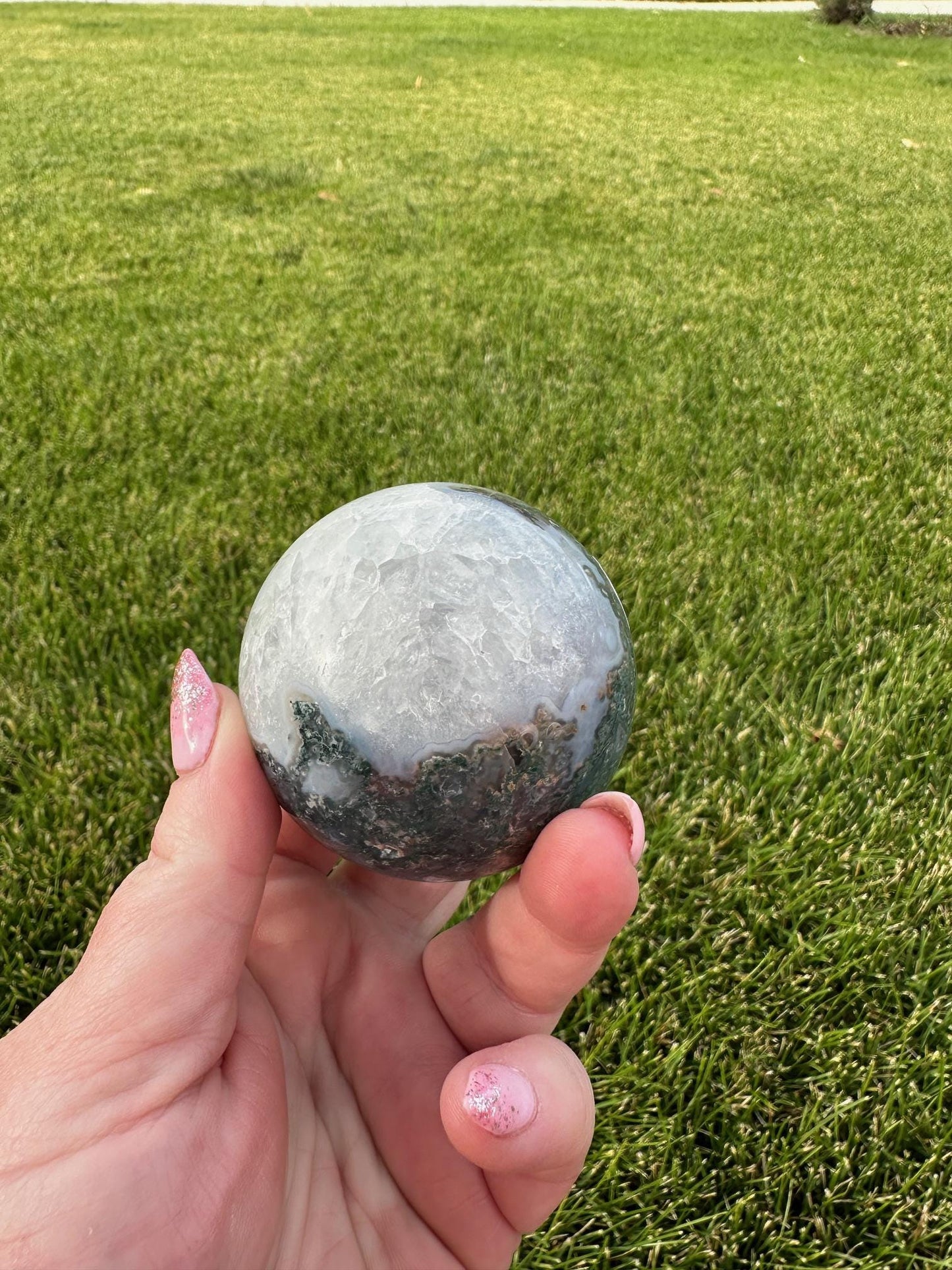 Druzy Moss Agate Sphere – 2.2 Inch Diameter, 14 oz – Earthy Healing Crystal