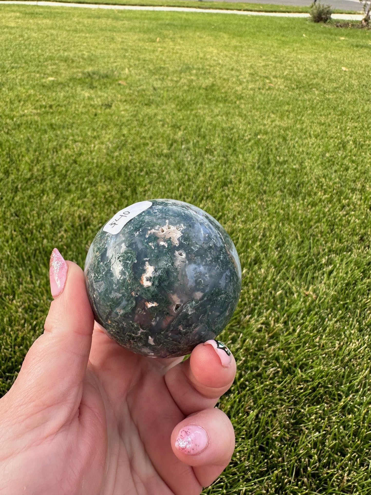 Druzy Moss Agate Sphere – 2.2 Inch Diameter, 14 oz – Earthy Healing Crystal