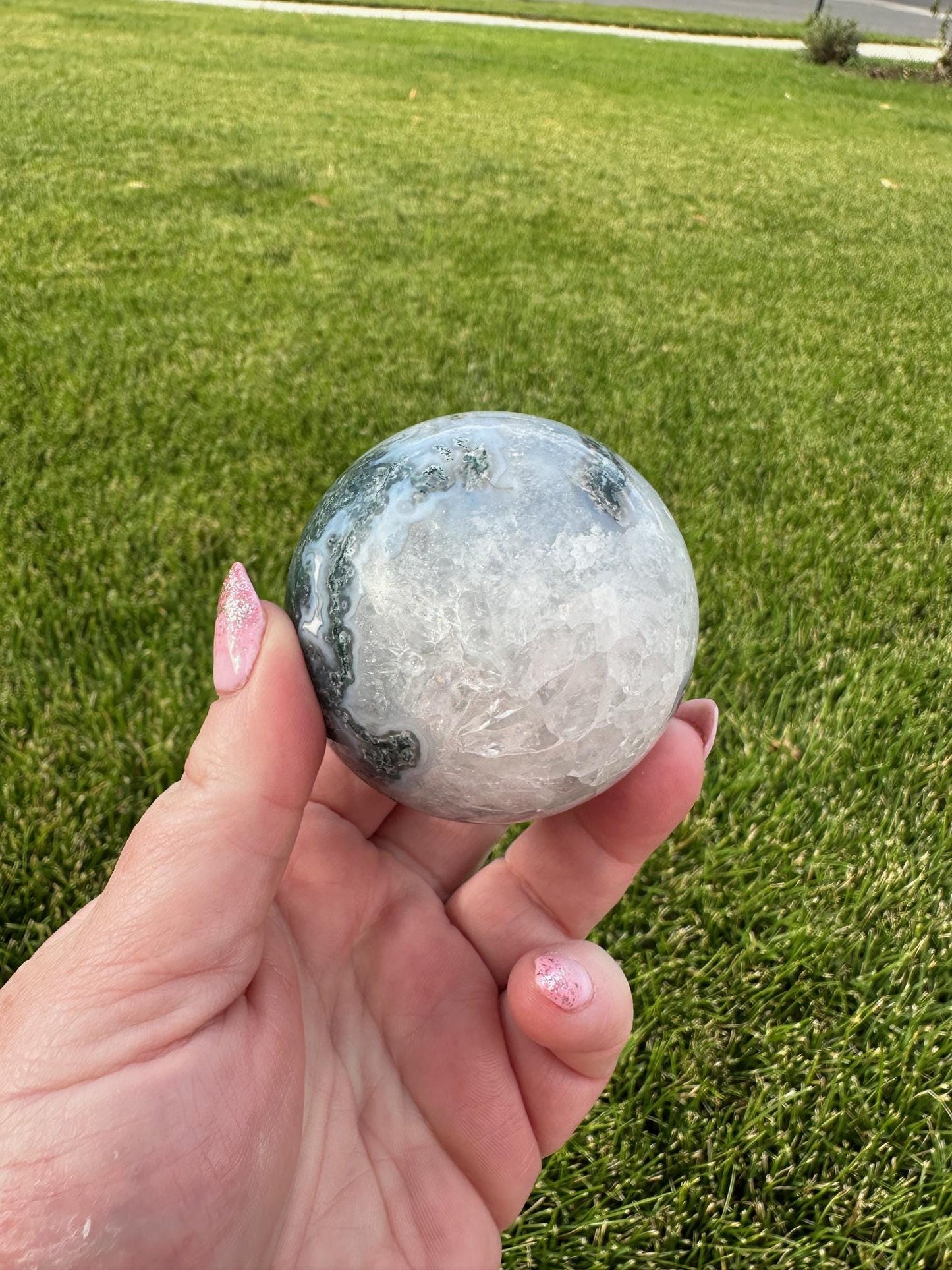 Druzy Moss Agate Sphere – 2.2 Inch Diameter, 14 oz – Earthy Healing Crystal