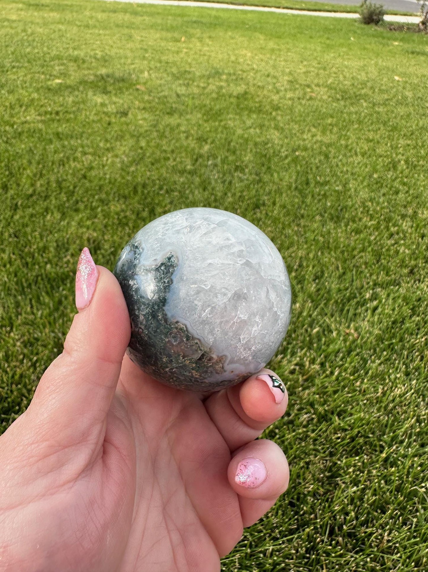 Druzy Moss Agate Sphere – 2.2 Inch Diameter, 14 oz – Earthy Healing Crystal