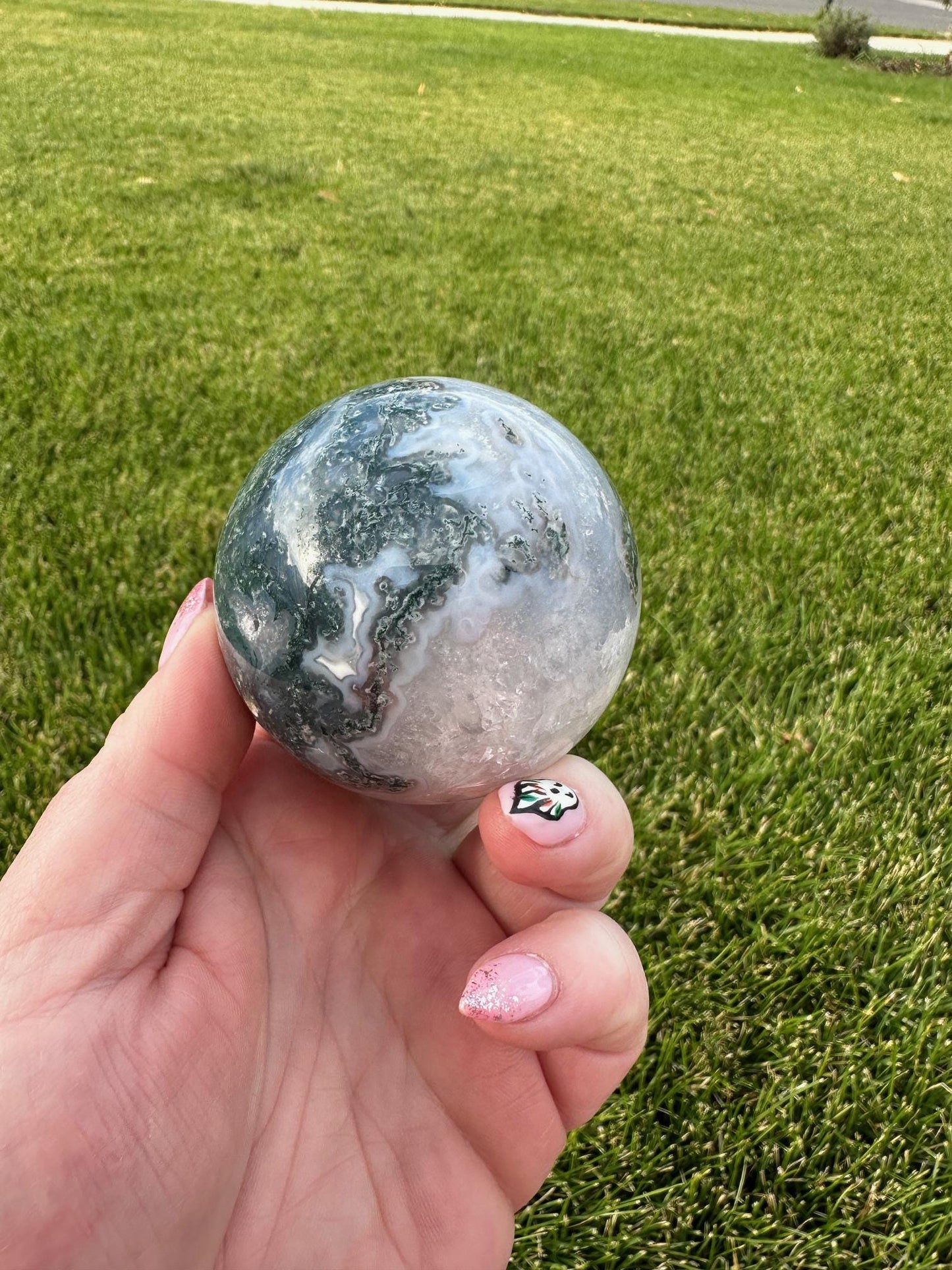 Druzy Moss Agate Sphere – 2.2 Inch Diameter, 14 oz – Earthy Healing Crystal