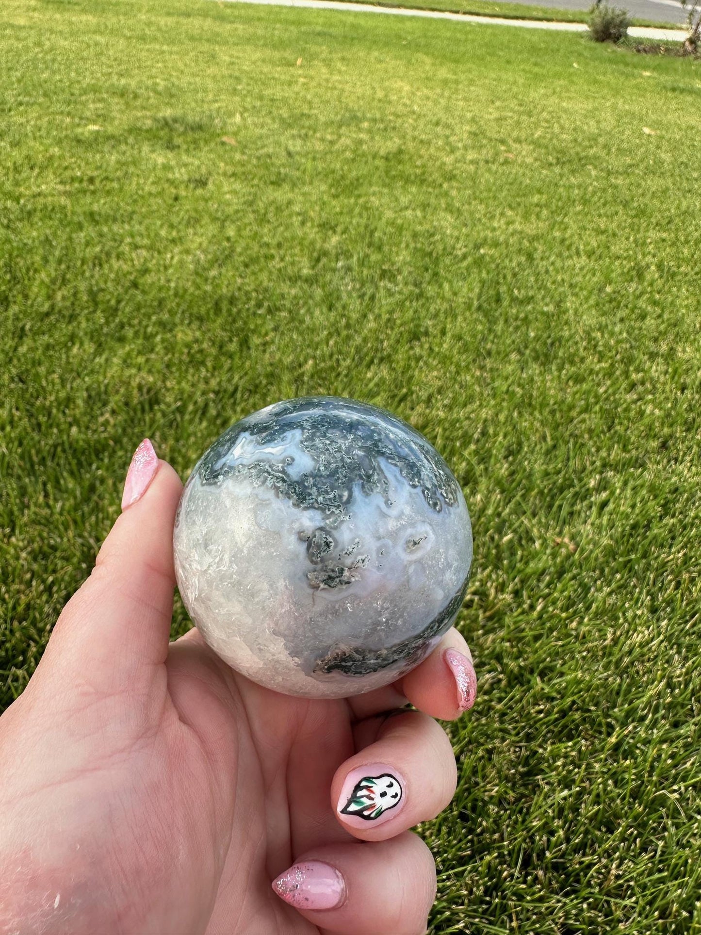 Druzy Moss Agate Sphere – 2.2 Inch Diameter, 14 oz – Earthy Healing Crystal