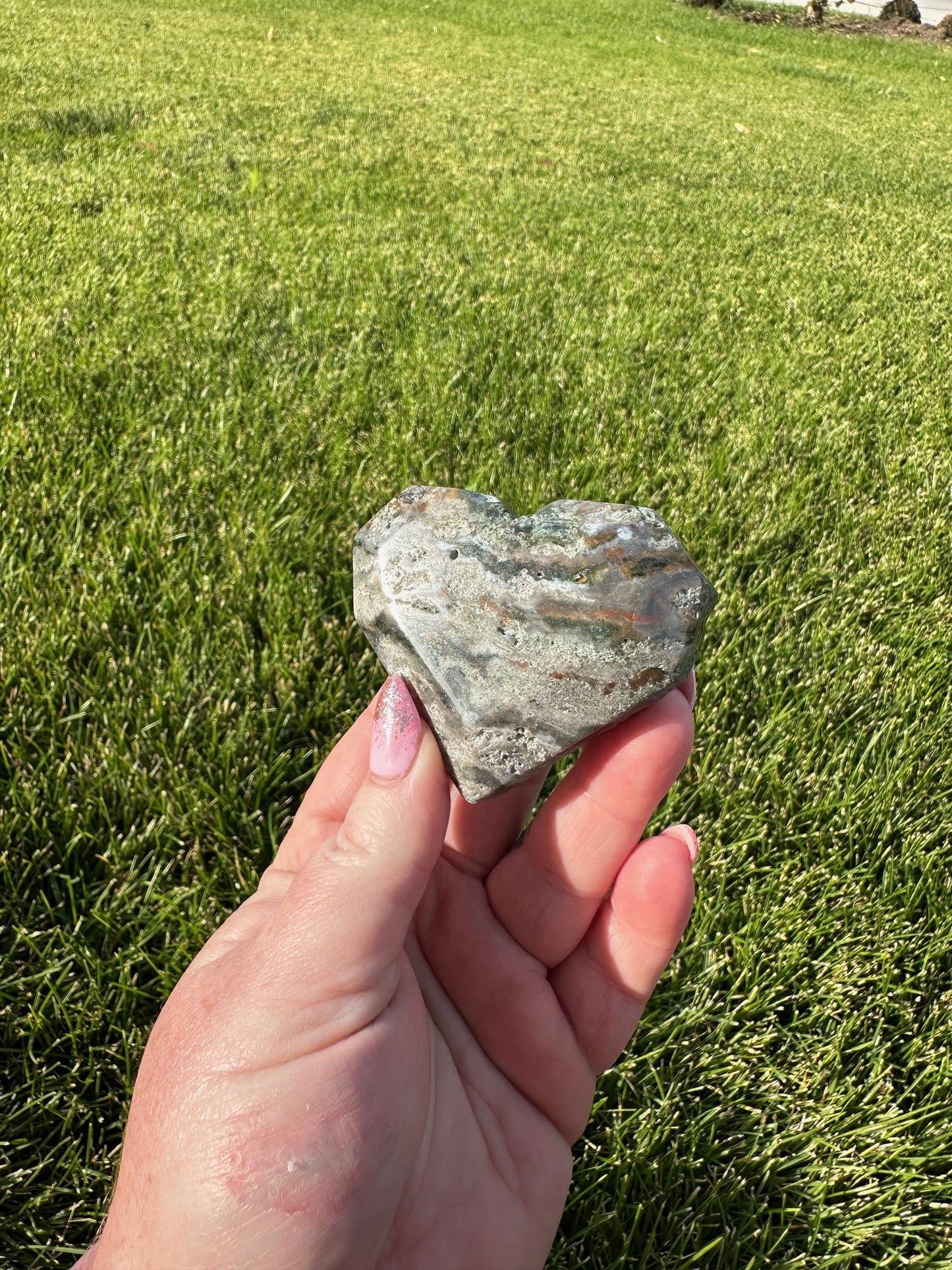 Beautiful 2.3" Red and Green Ocean Jasper Heart - A Unique Gem of Joy & Emotional Healing