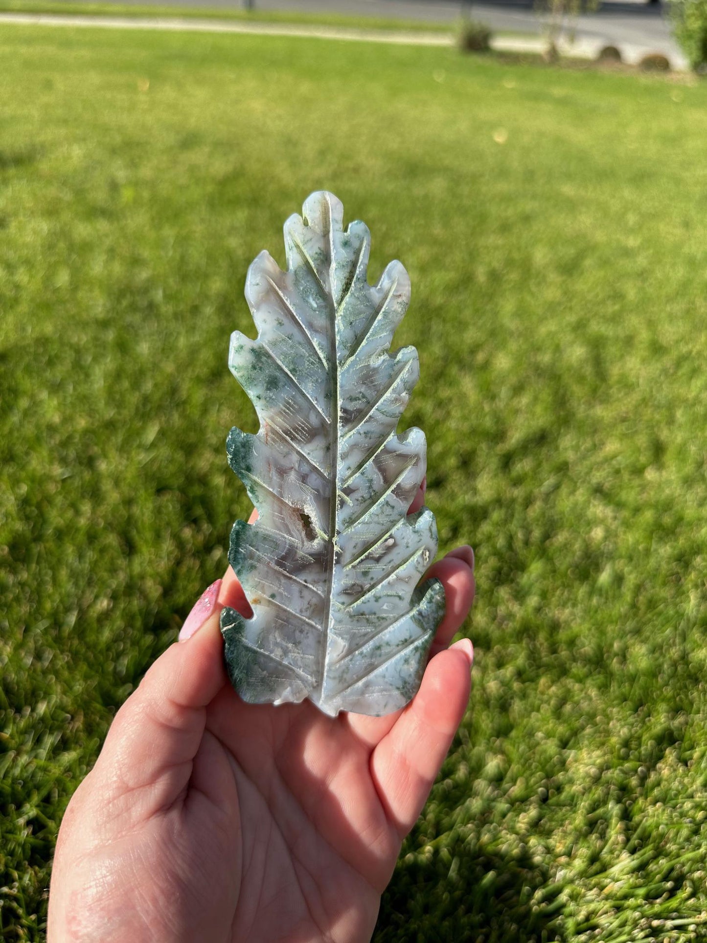 Enchanting 5.5" Moss Agate Leaf Carving - Nature-Inspired Beauty & Grounding Energy