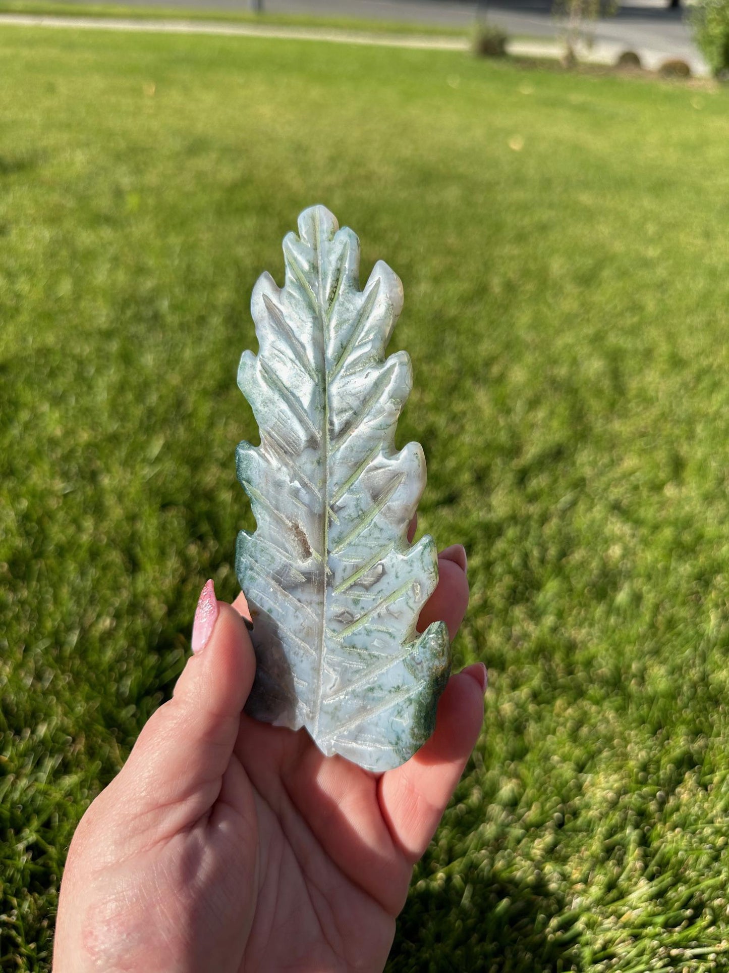 Enchanting 5.5" Moss Agate Leaf Carving - Nature-Inspired Beauty & Grounding Energy