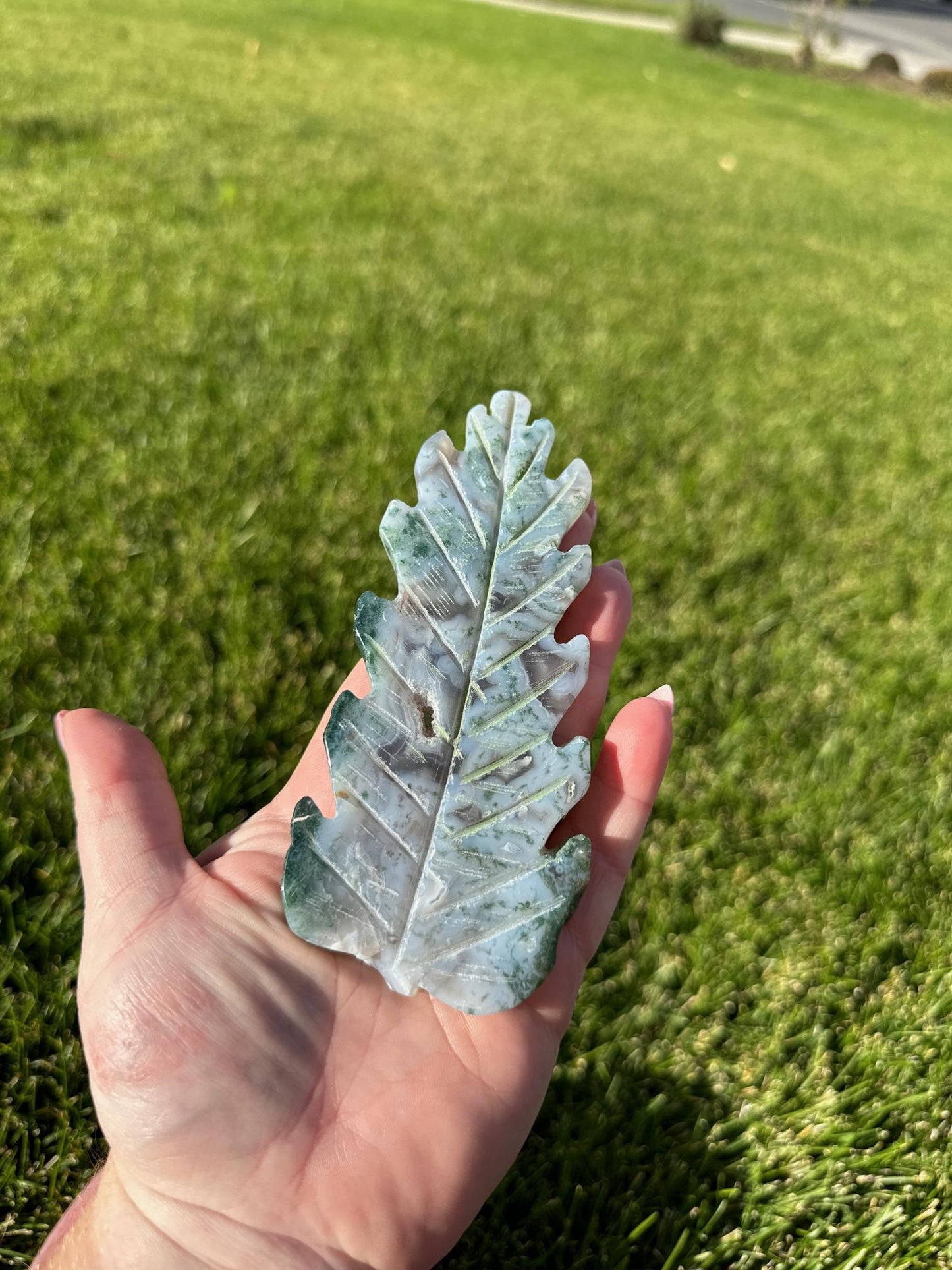 Enchanting 5.5" Moss Agate Leaf Carving - Nature-Inspired Beauty & Grounding Energy