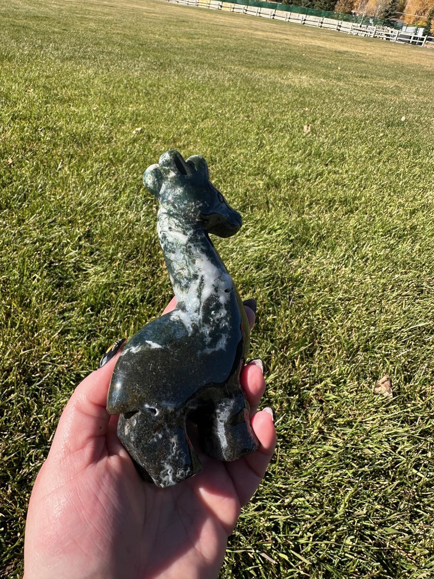 Moss Agate Giraffe Carving – 6 Inches Tall, 15 oz – Unique Crystal Animal Sculpture