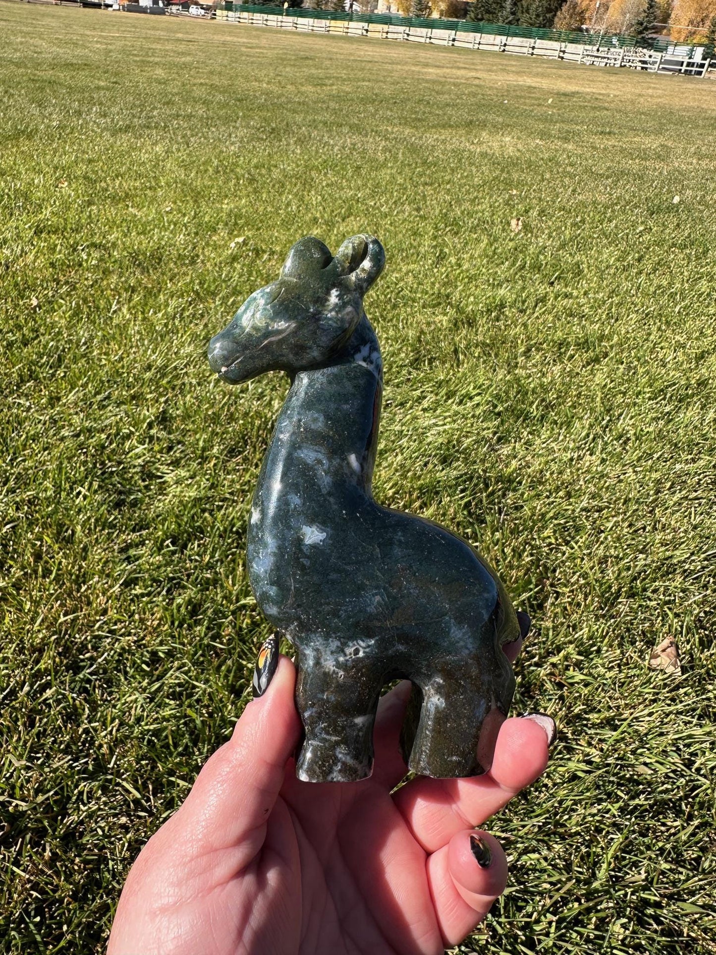 Moss Agate Giraffe Carving – 6 Inches Tall, 15 oz – Unique Crystal Animal Sculpture