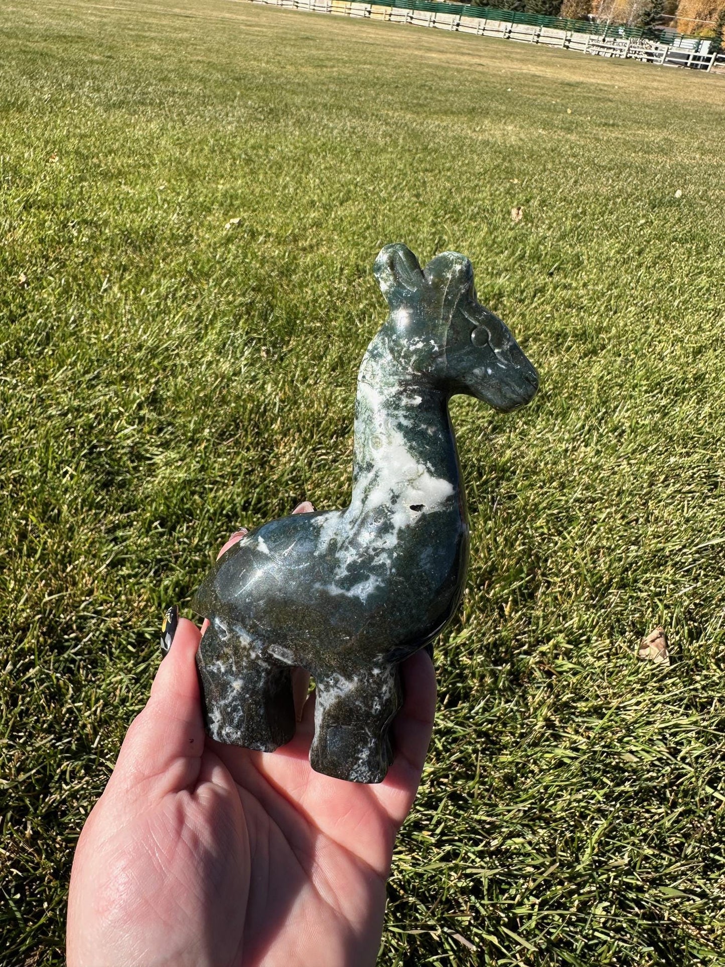 Moss Agate Giraffe Carving – 6 Inches Tall, 15 oz – Unique Crystal Animal Sculpture