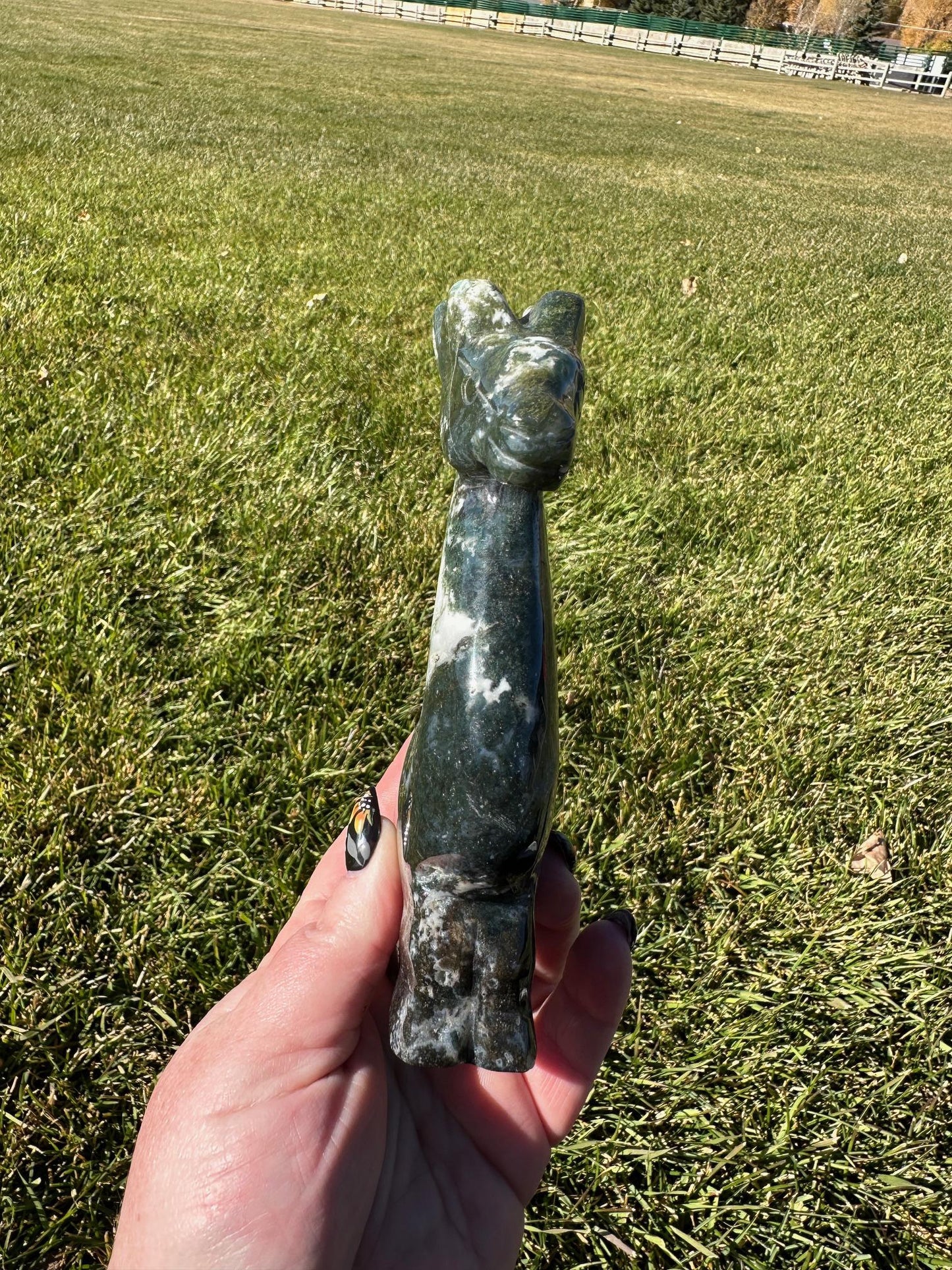 Moss Agate Giraffe Carving – 6 Inches Tall, 15 oz – Unique Crystal Animal Sculpture