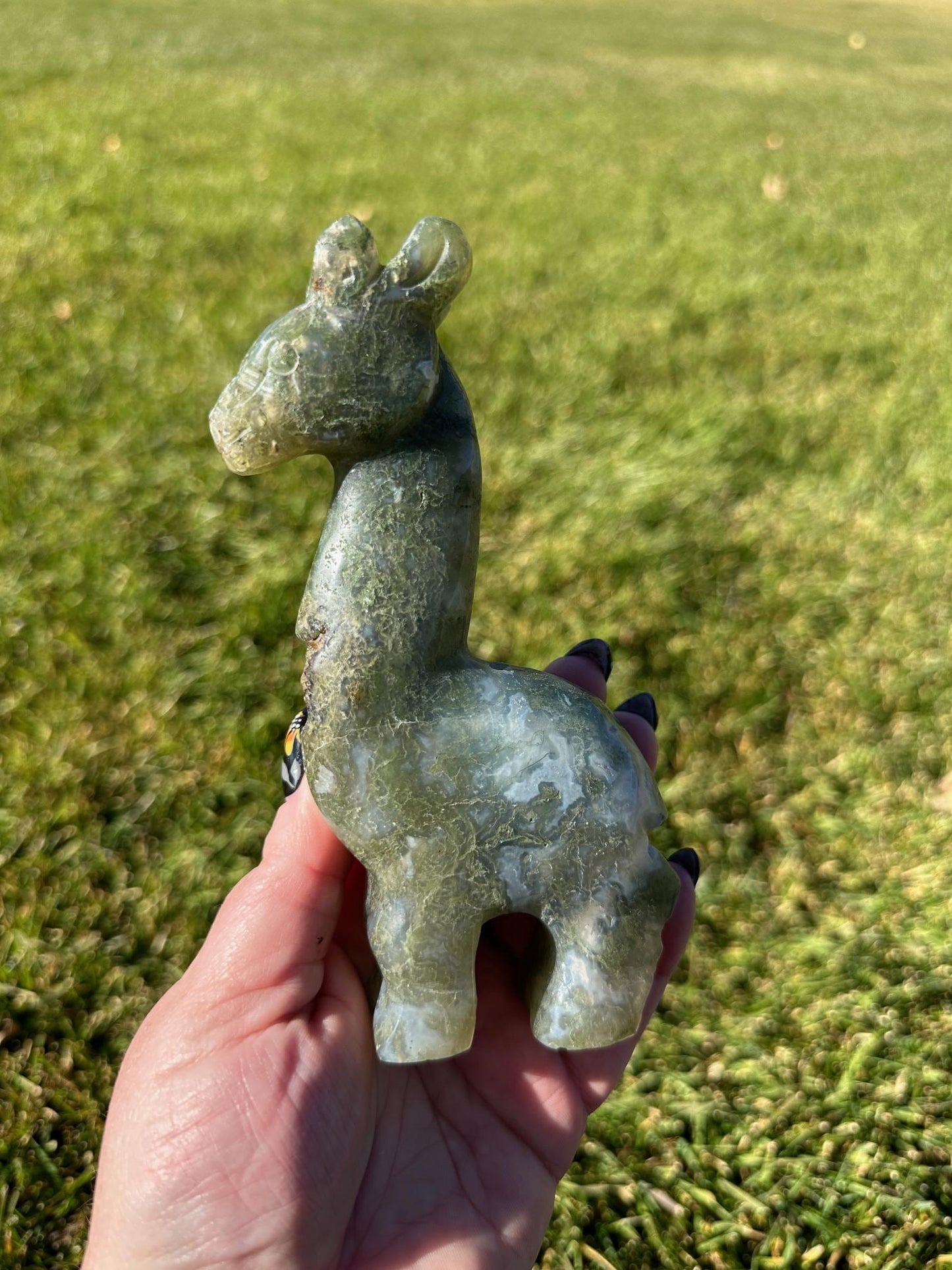 Moss Agate Giraffe Carving – 6 Inches Tall, 12 oz – Unique Crystal Animal Sculpture