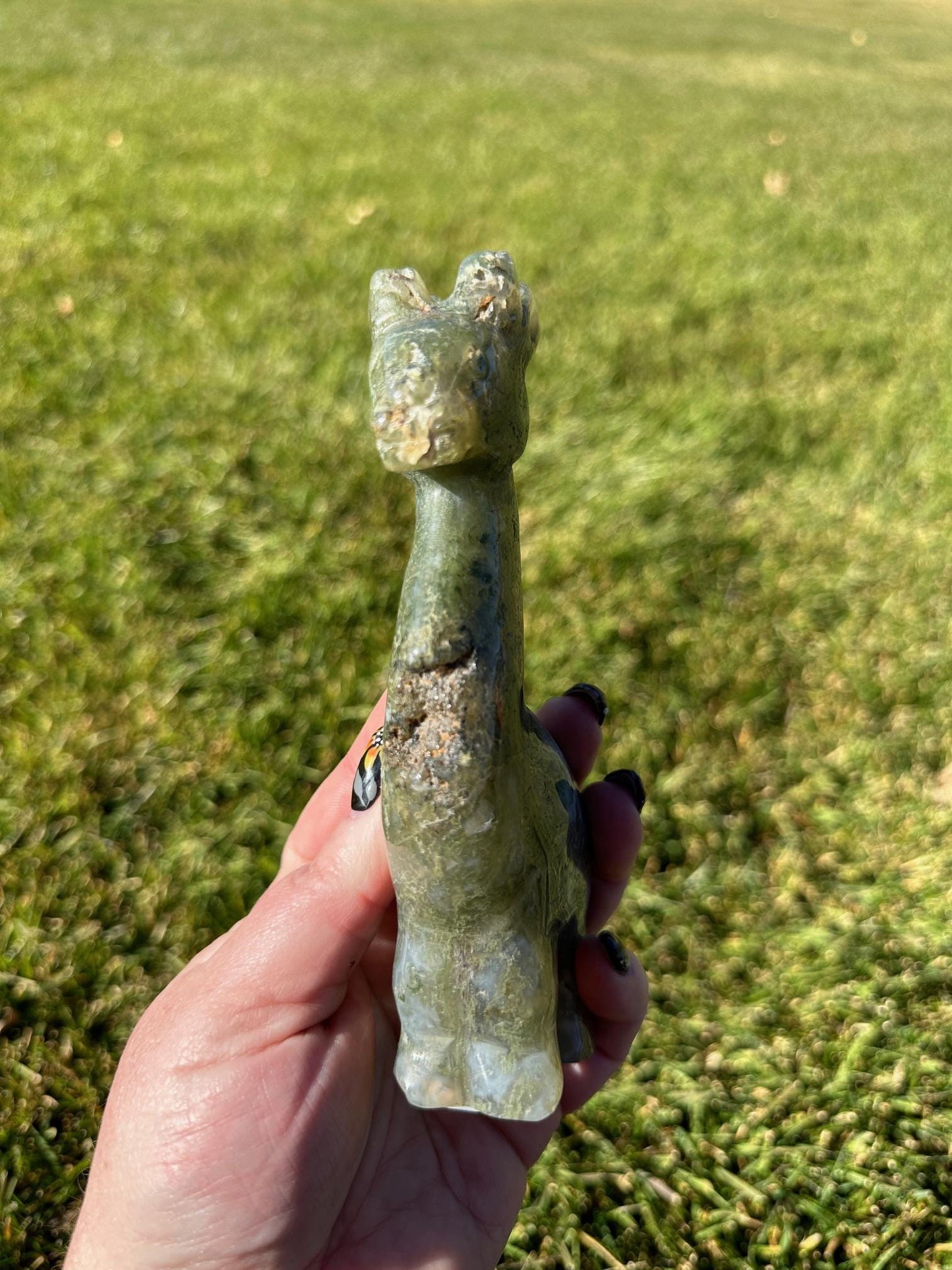 Moss Agate Giraffe Carving – 6 Inches Tall, 12 oz – Unique Crystal Animal Sculpture