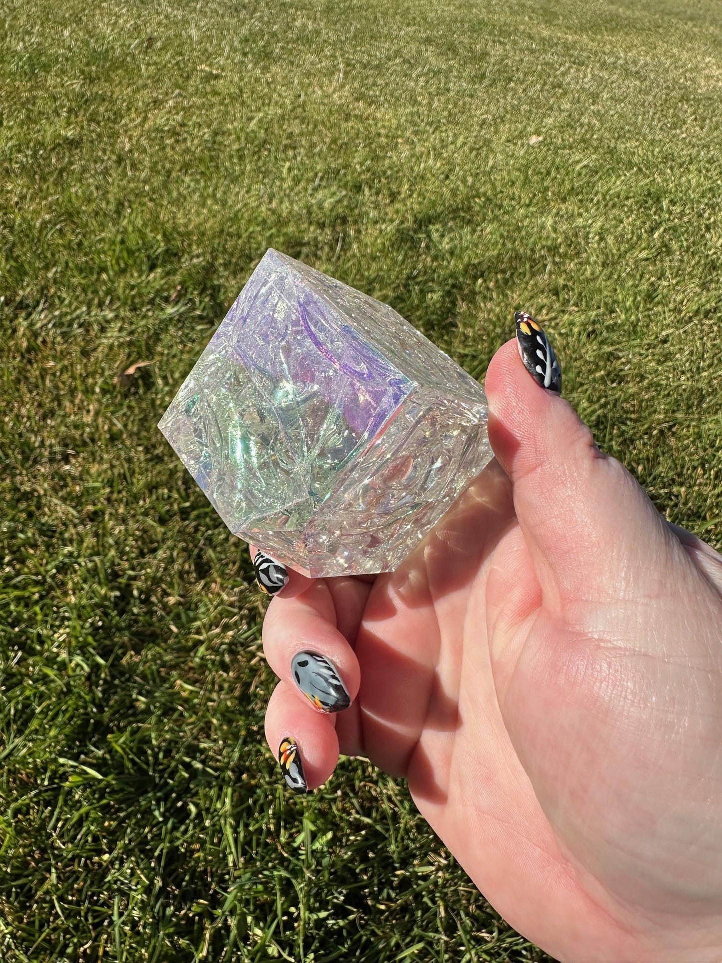 Aura Crackle Quartz Cube – 2 Inches, 10 oz – Iridescent Healing Crystal