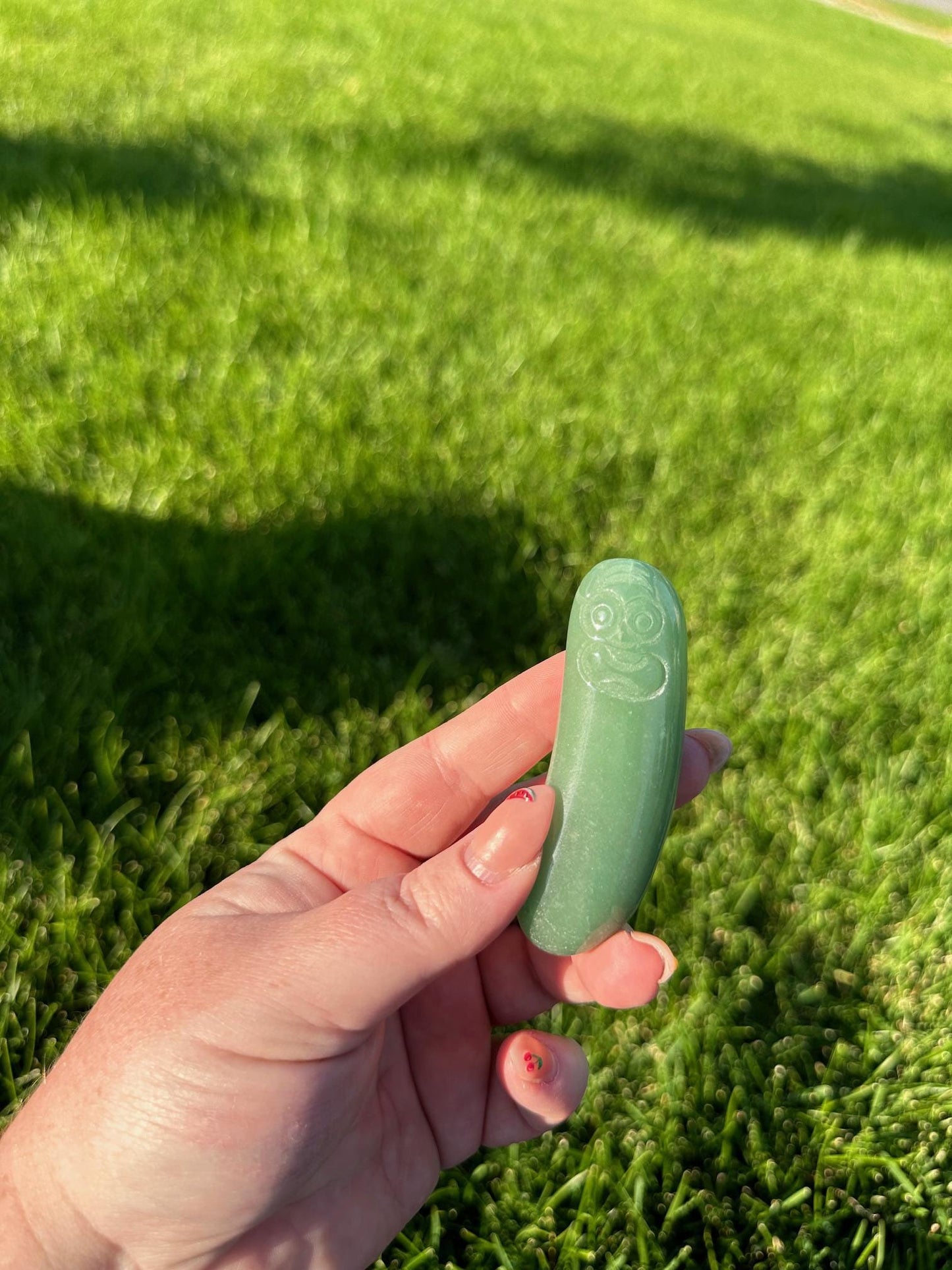 Green Aventurine Pickle Rick Carving – Unique Crystal Collectible – Handmade Crystal Art