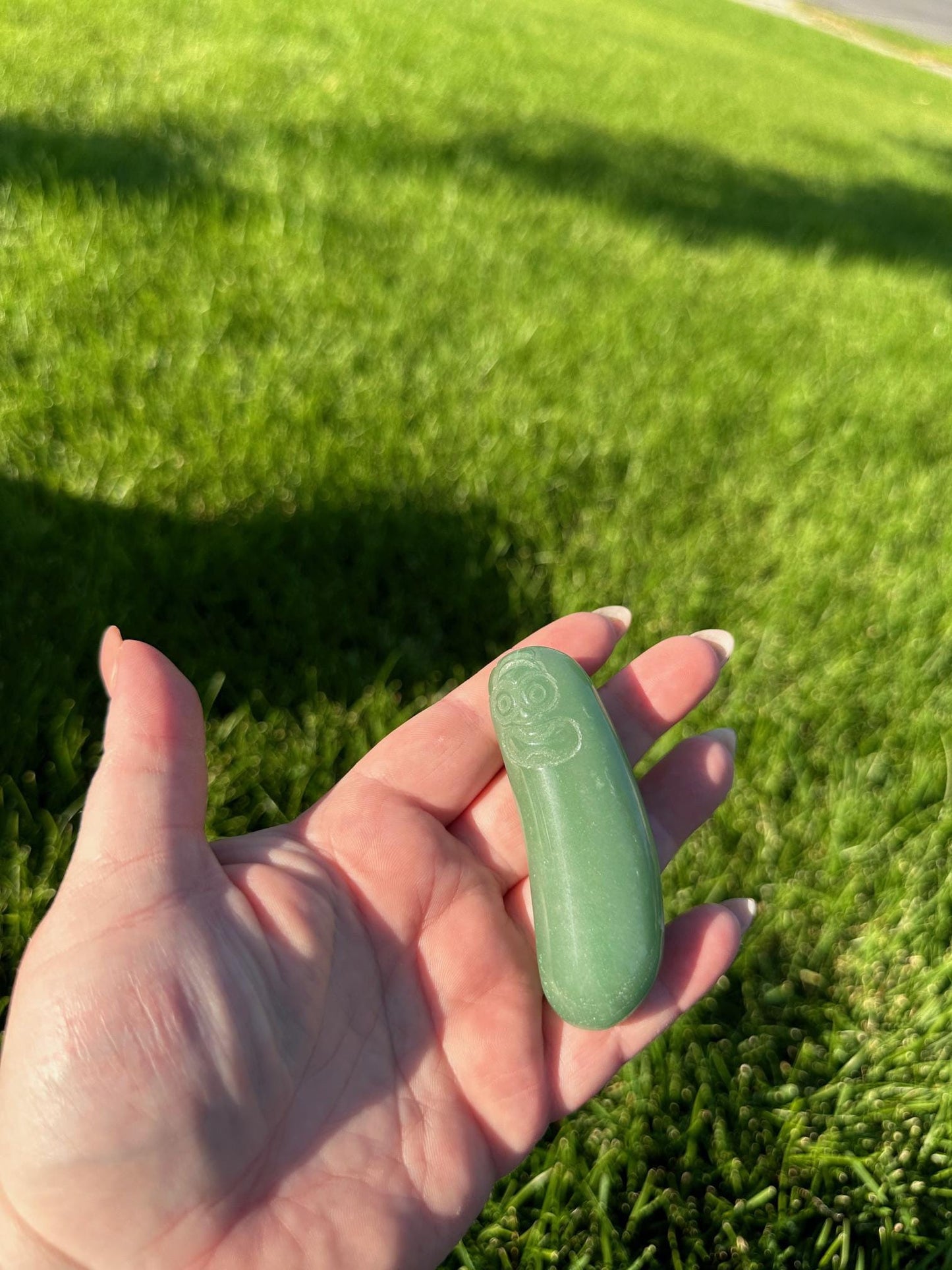 Green Aventurine Pickle Rick Carving – Unique Crystal Collectible – Handmade Crystal Art