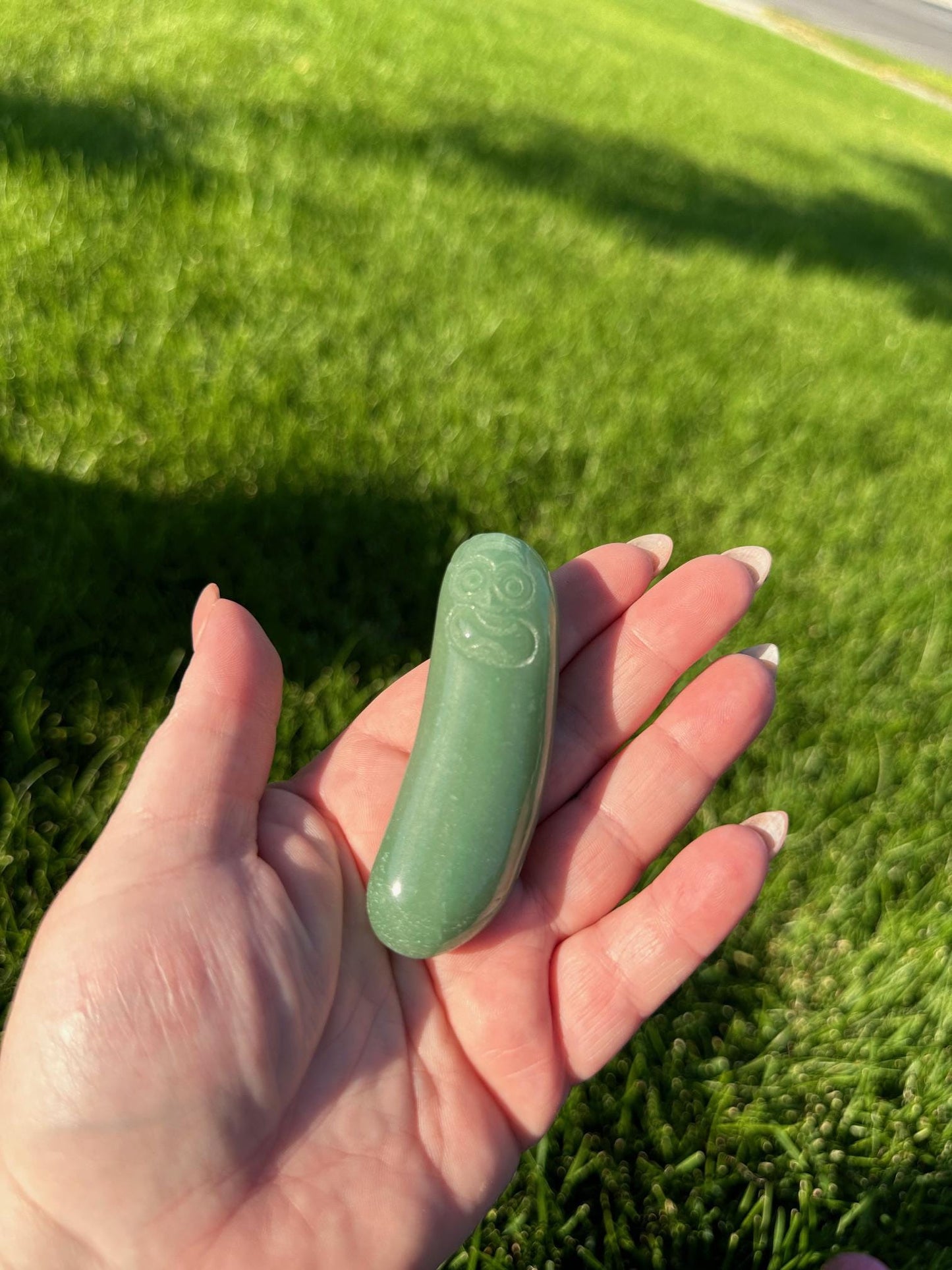 Green Aventurine Pickle Rick Carving – Unique Crystal Collectible – Handmade Crystal Art