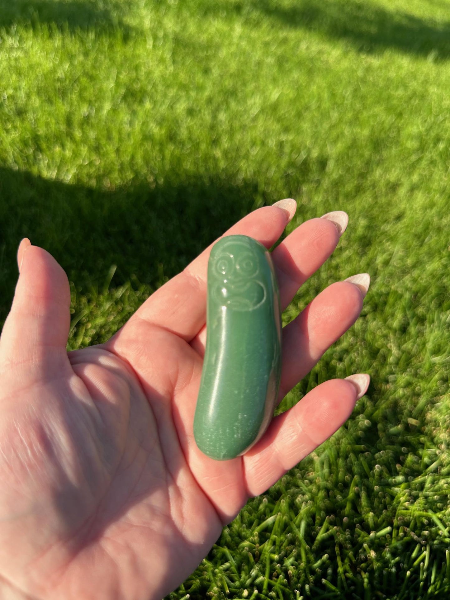 Green Aventurine Pickle Rick Carving – Unique Crystal Collectible – Handmade Crystal Art