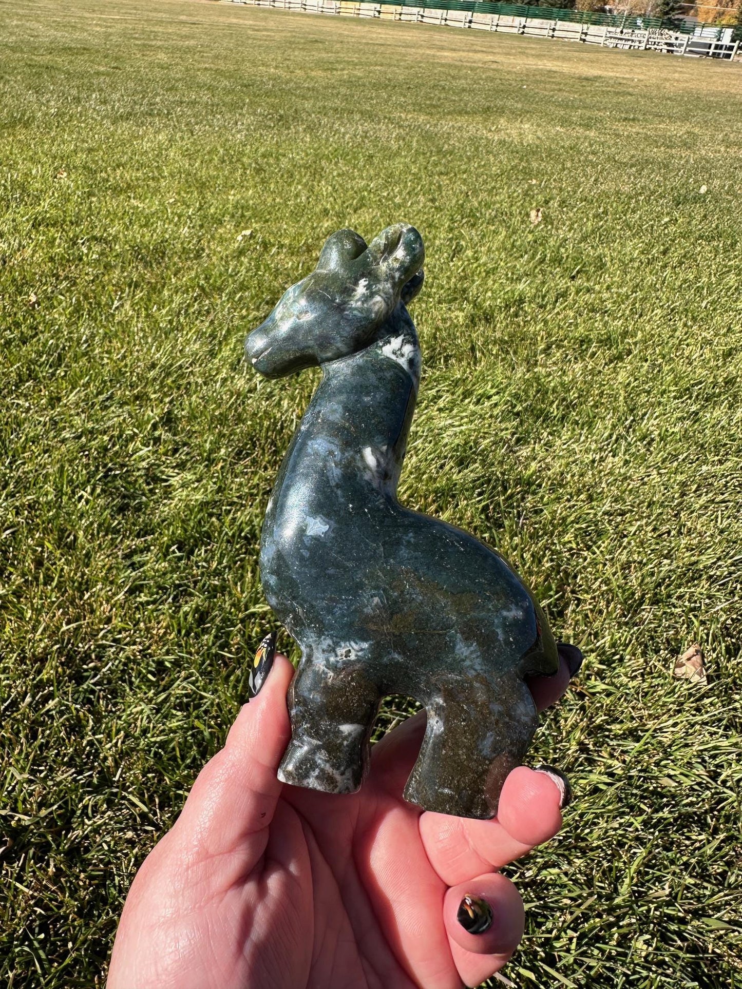 Moss Agate Giraffe Carving – 6 Inches Tall, 15 oz – Unique Crystal Animal Sculpture