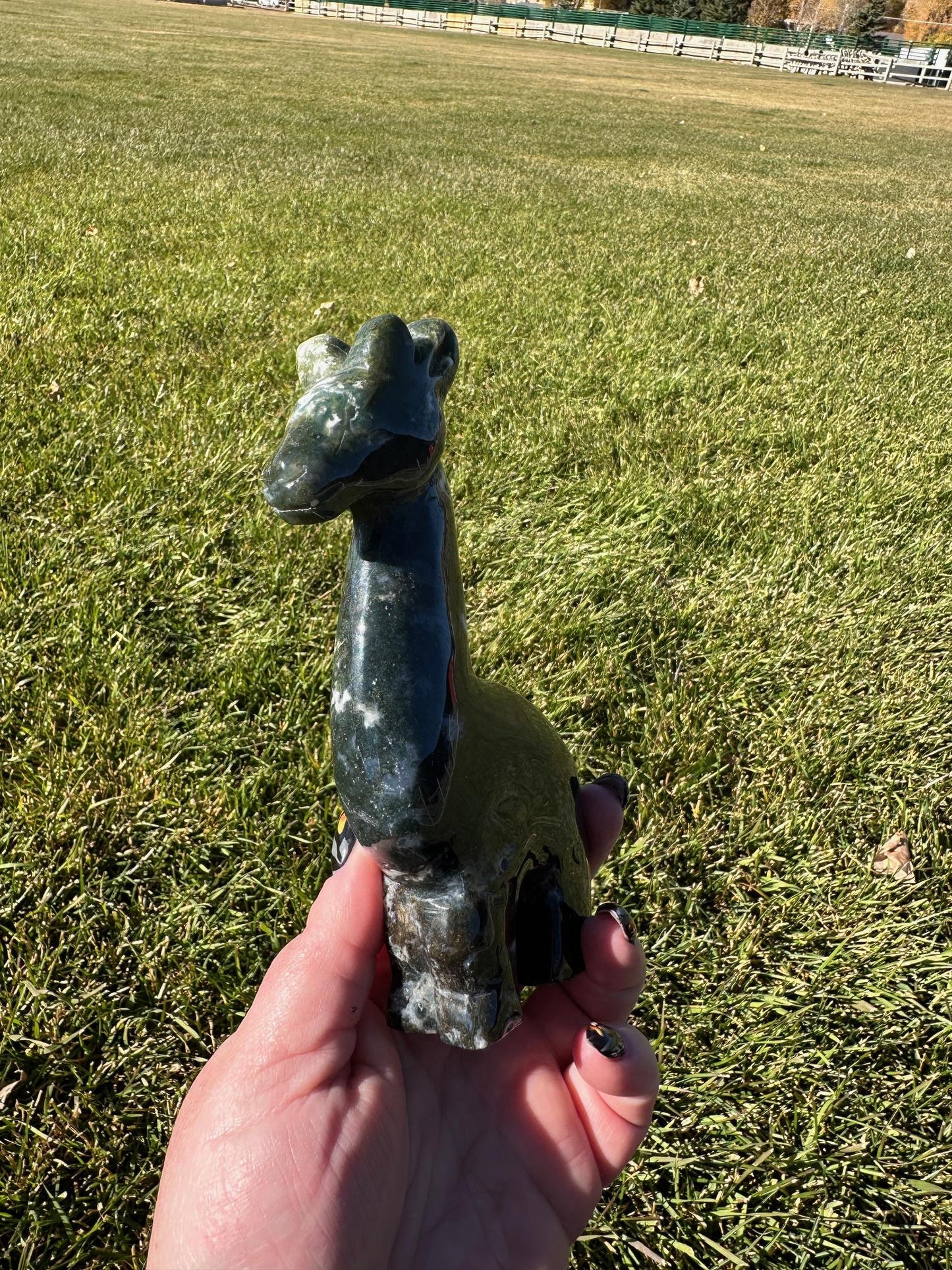 Moss Agate Giraffe Carving – 6 Inches Tall, 15 oz – Unique Crystal Animal Sculpture