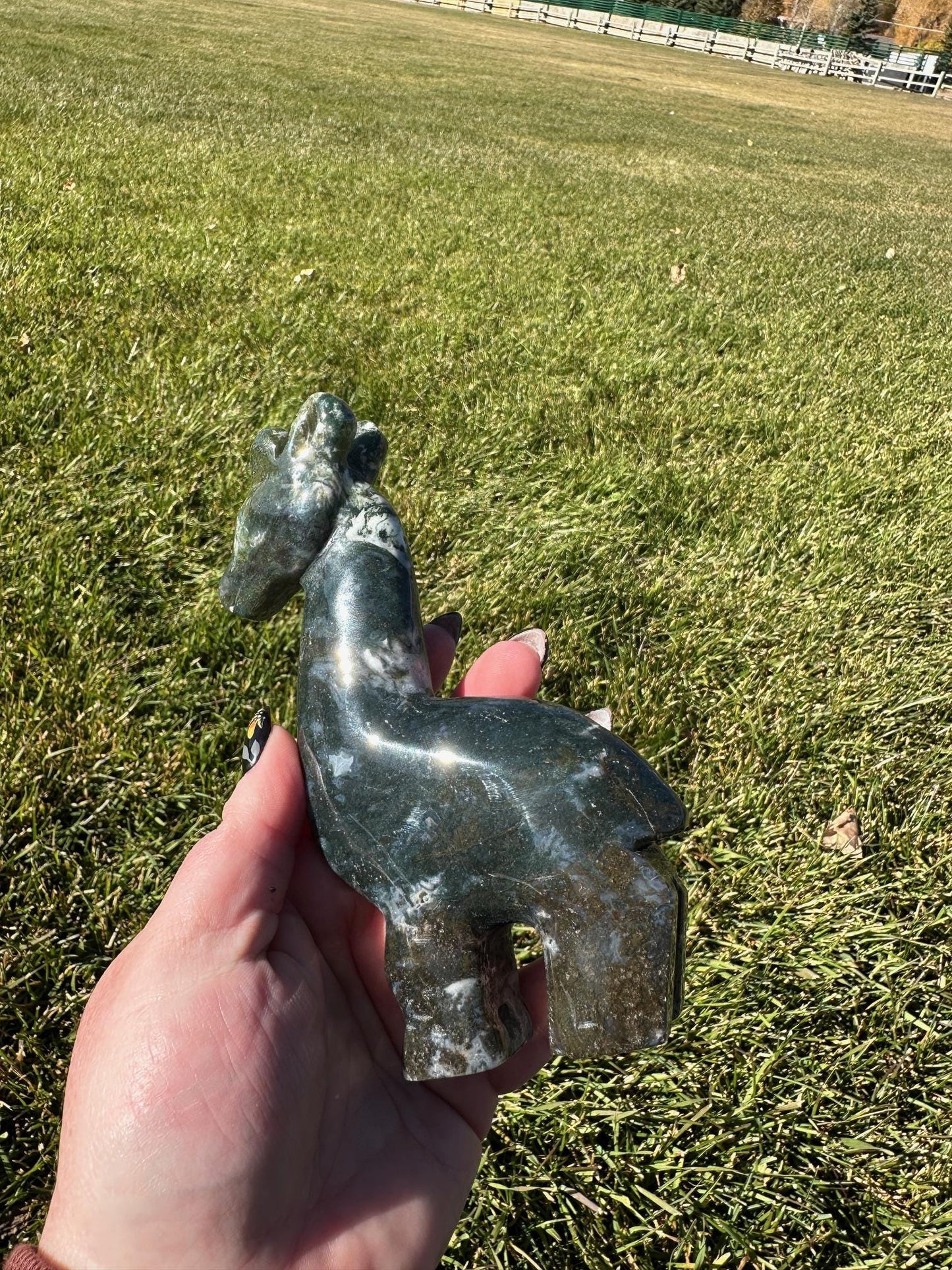 Moss Agate Giraffe Carving – 6 Inches Tall, 15 oz – Unique Crystal Animal Sculpture