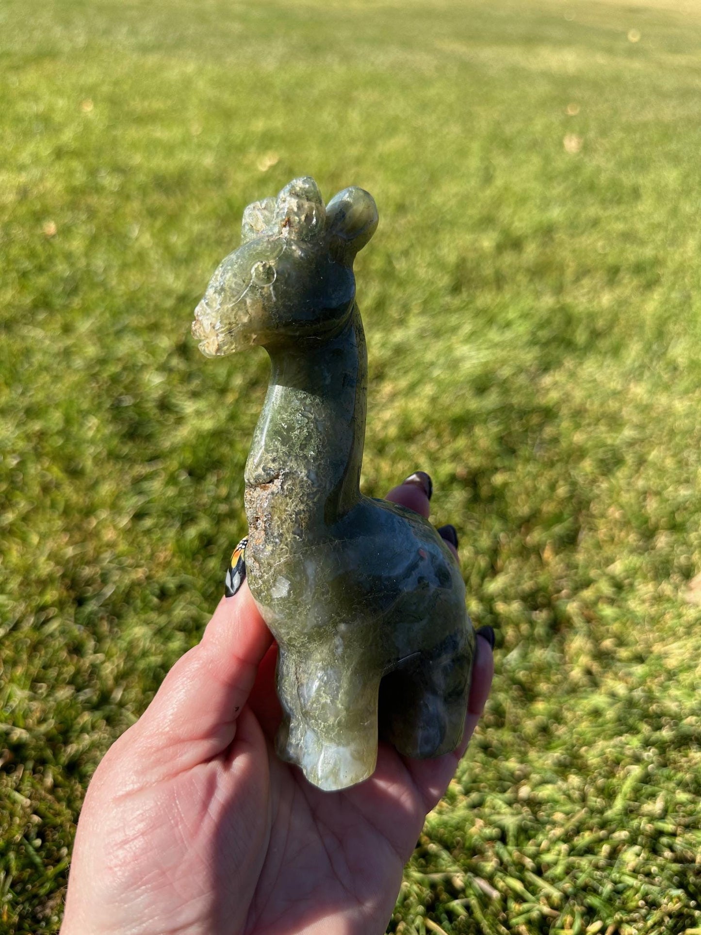 Moss Agate Giraffe Carving – 6 Inches Tall, 12 oz – Unique Crystal Animal Sculpture