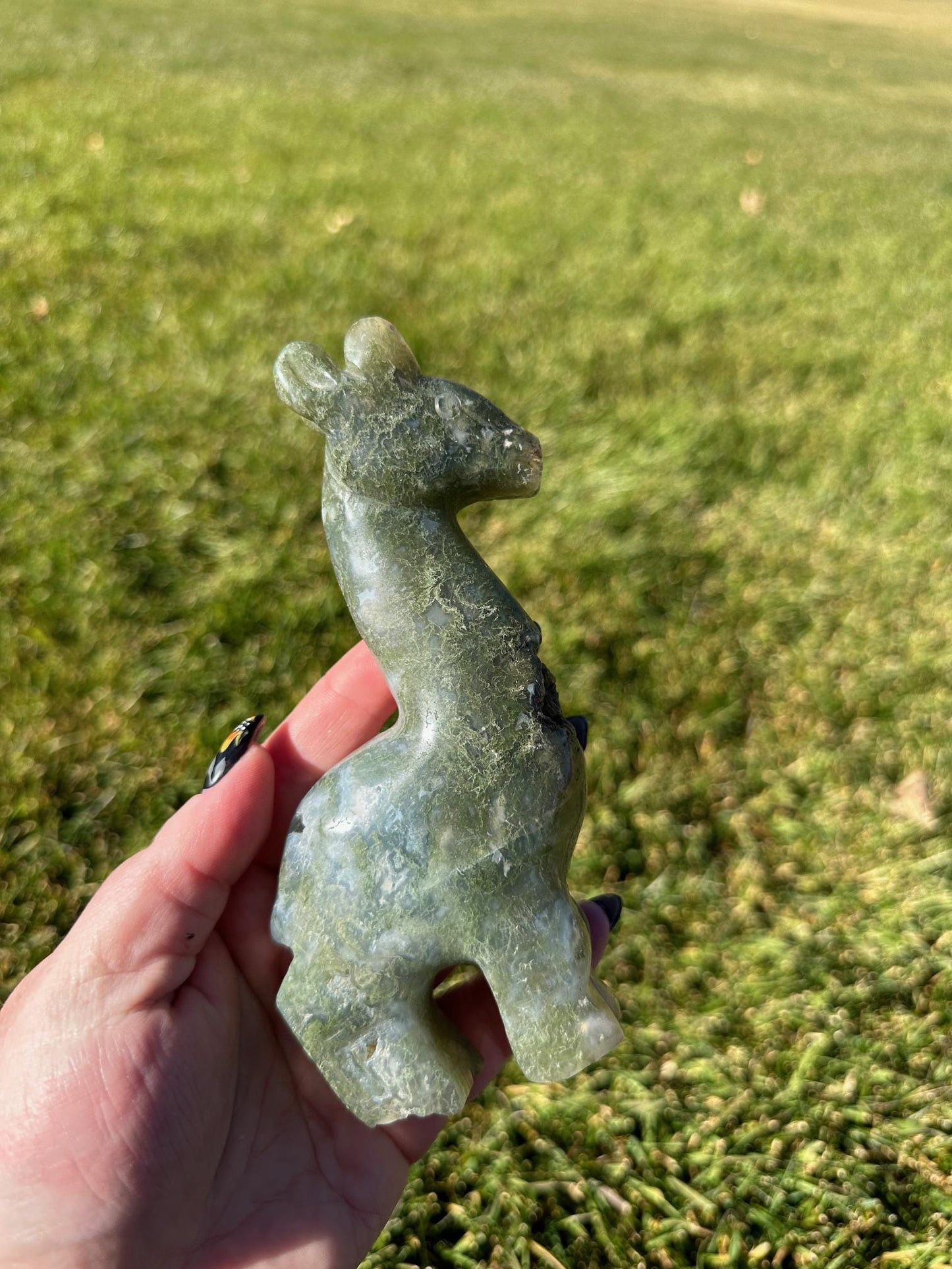 Moss Agate Giraffe Carving – 6 Inches Tall, 12 oz – Unique Crystal Animal Sculpture