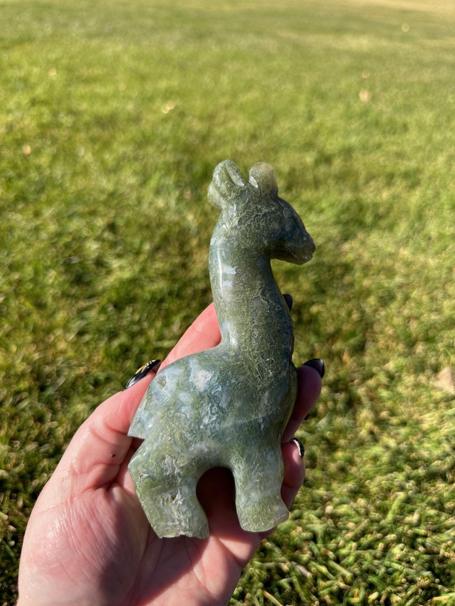 Moss Agate Giraffe Carving – 6 Inches Tall, 12 oz – Unique Crystal Animal Sculpture