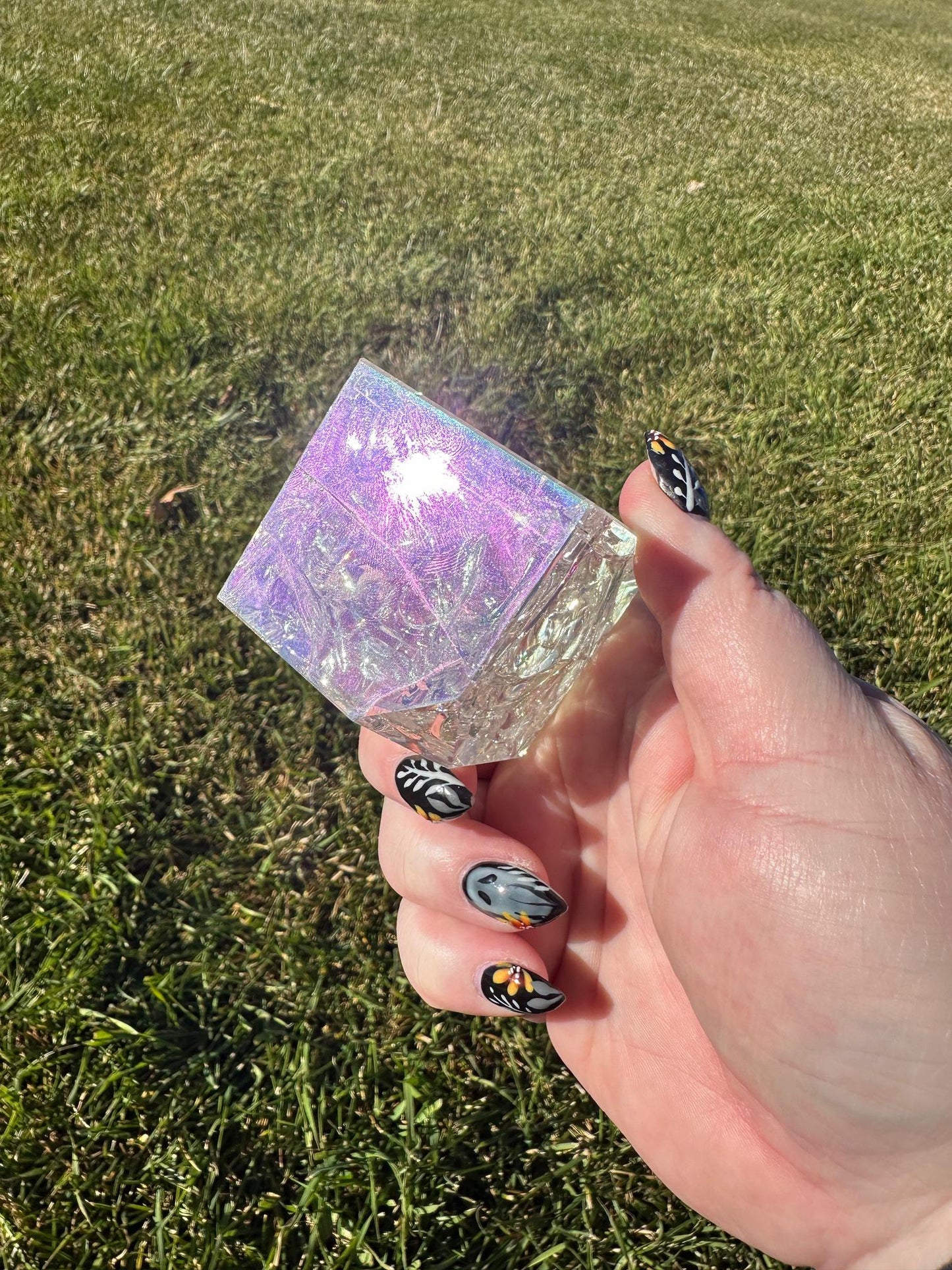 Aura Crackle Quartz Cube – 2 Inches, 10 oz – Iridescent Healing Crystal