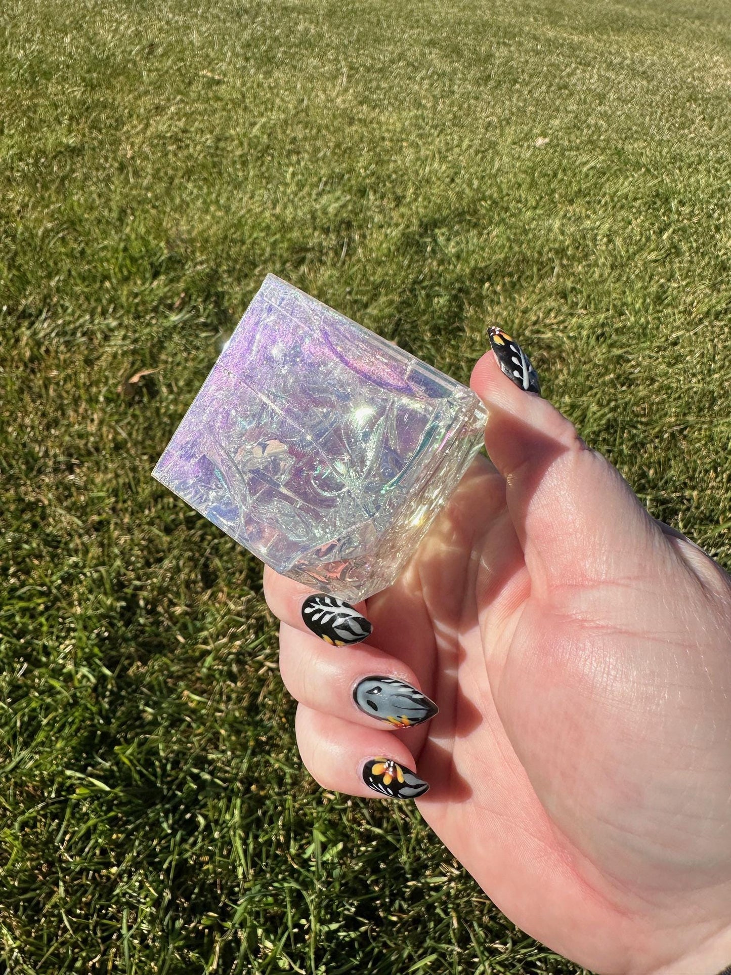 Aura Crackle Quartz Cube – 2 Inches, 10 oz – Iridescent Healing Crystal