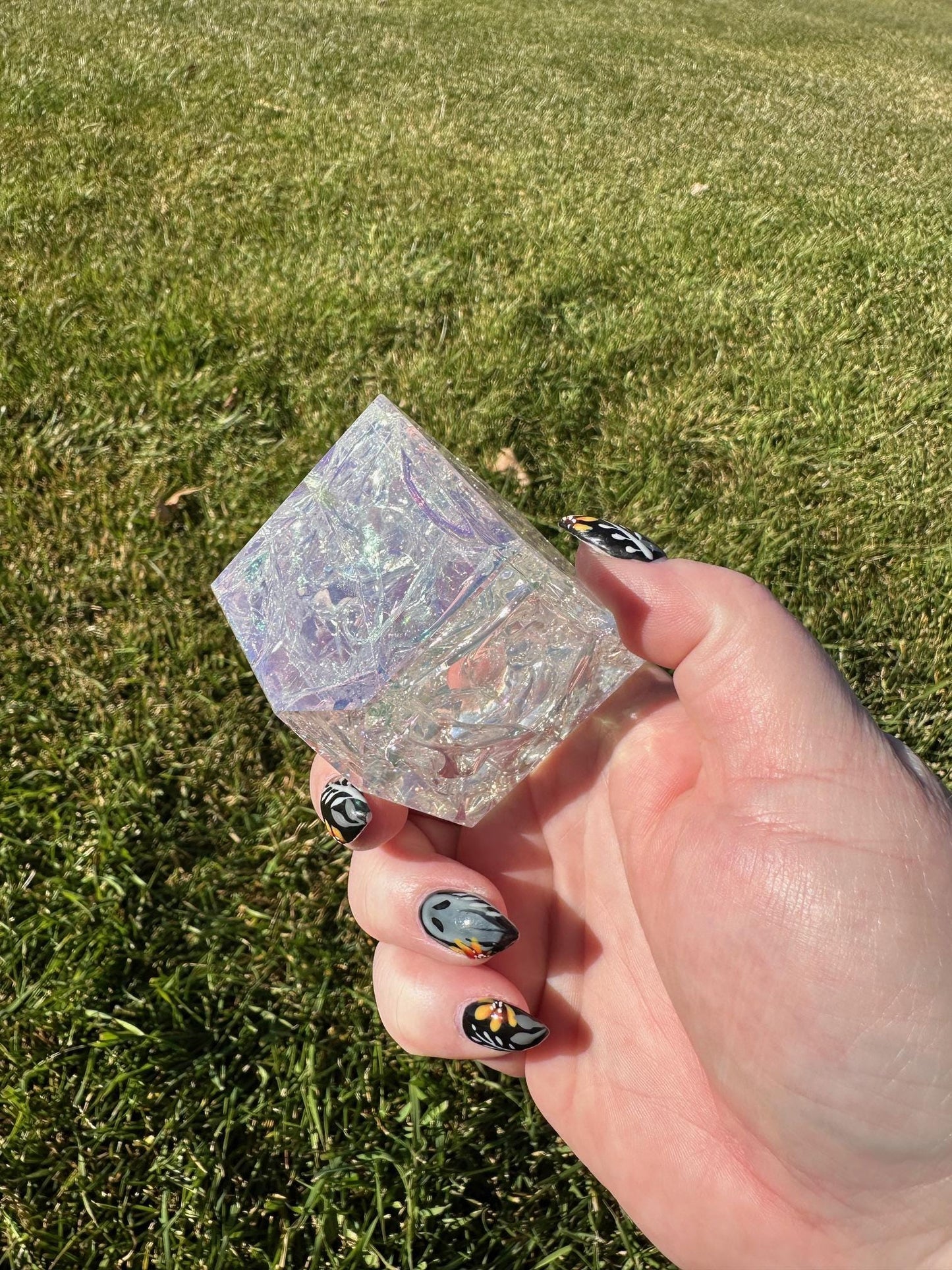 Aura Crackle Quartz Cube – 2 Inches, 10 oz – Iridescent Healing Crystal