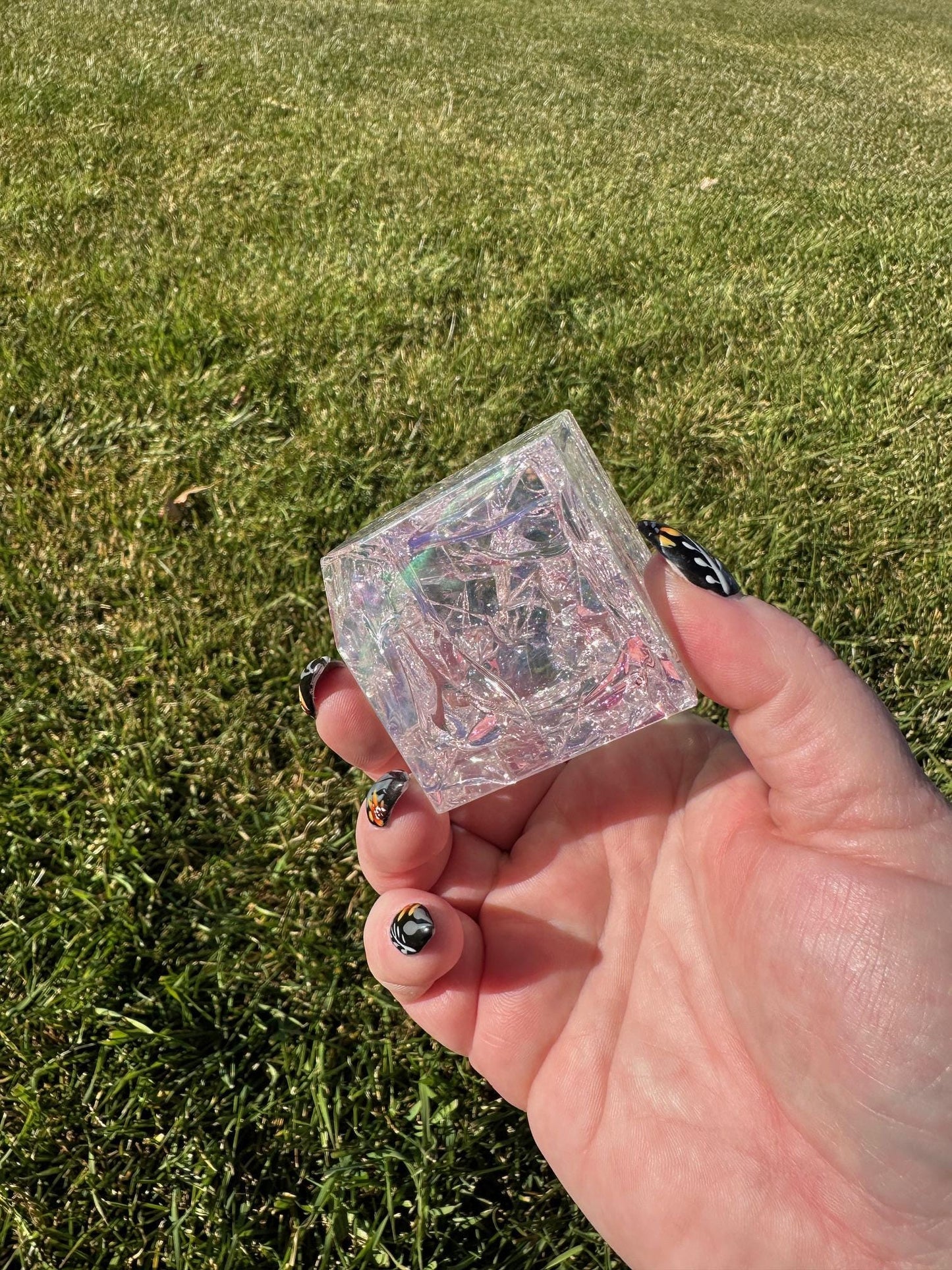 Aura Crackle Quartz Cube – 2 Inches, 10 oz – Iridescent Healing Crystal